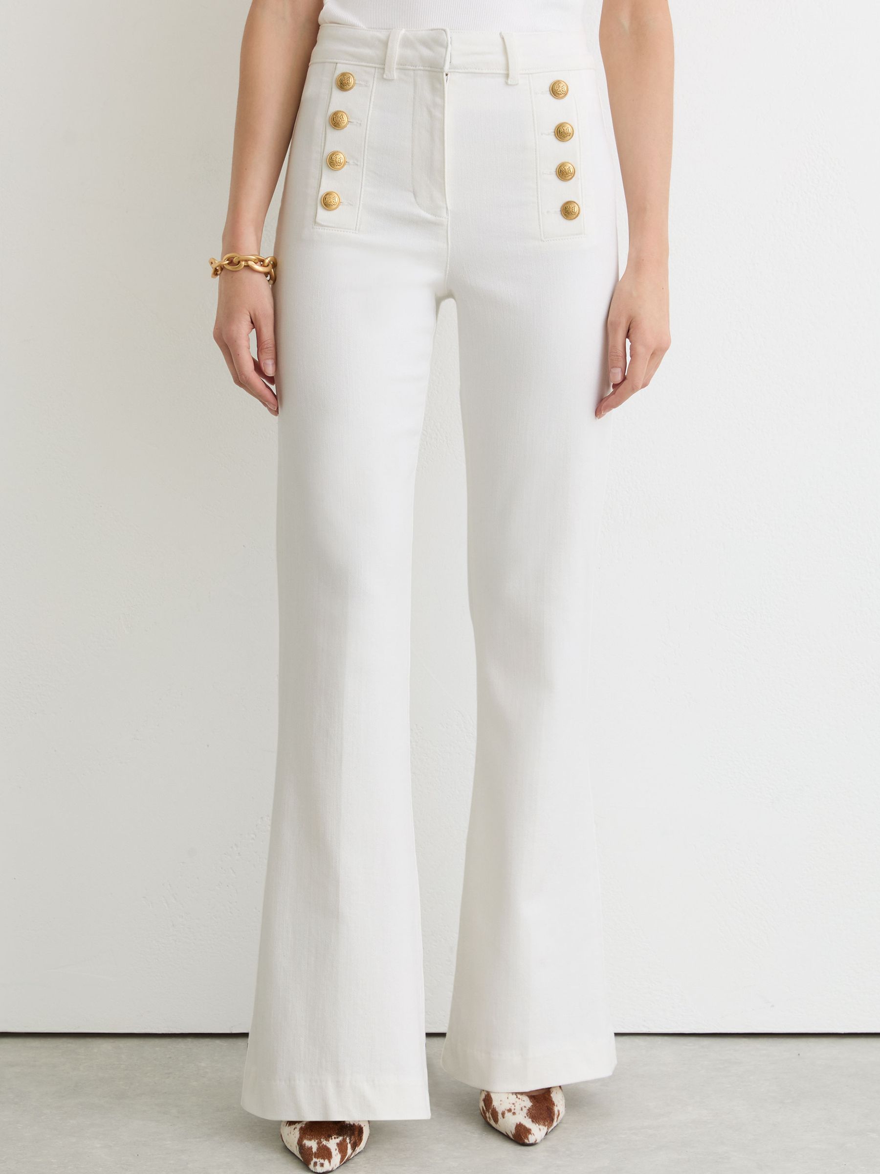 Petite Button-Detail High-Rise Flared Jeans in White - image 4