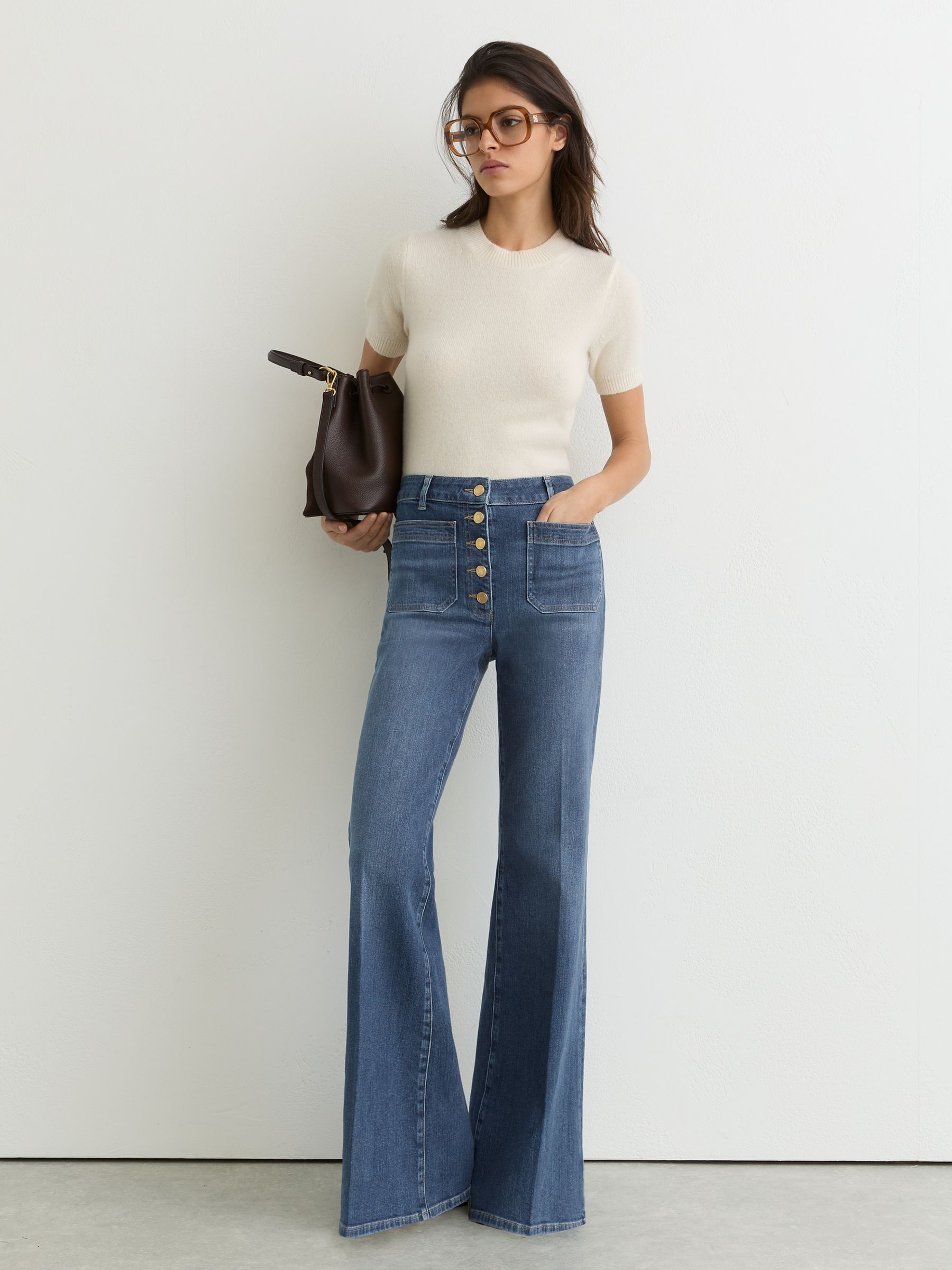 Twin-Pocket Button Flared Jeans in Mid Blue - image 2