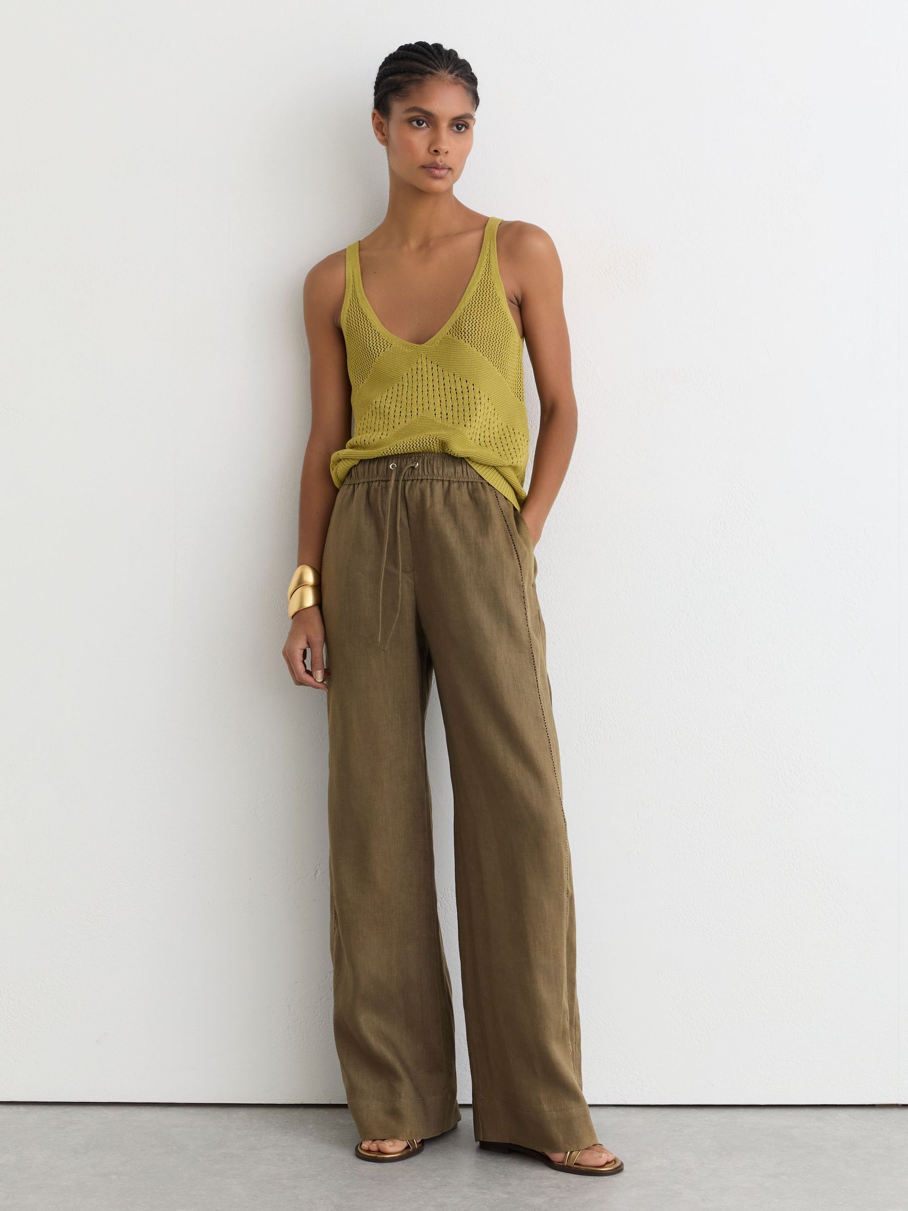 Linen Ladder-Embroidery Wide-Leg Trousers in Khaki Green - Image 1 of 9