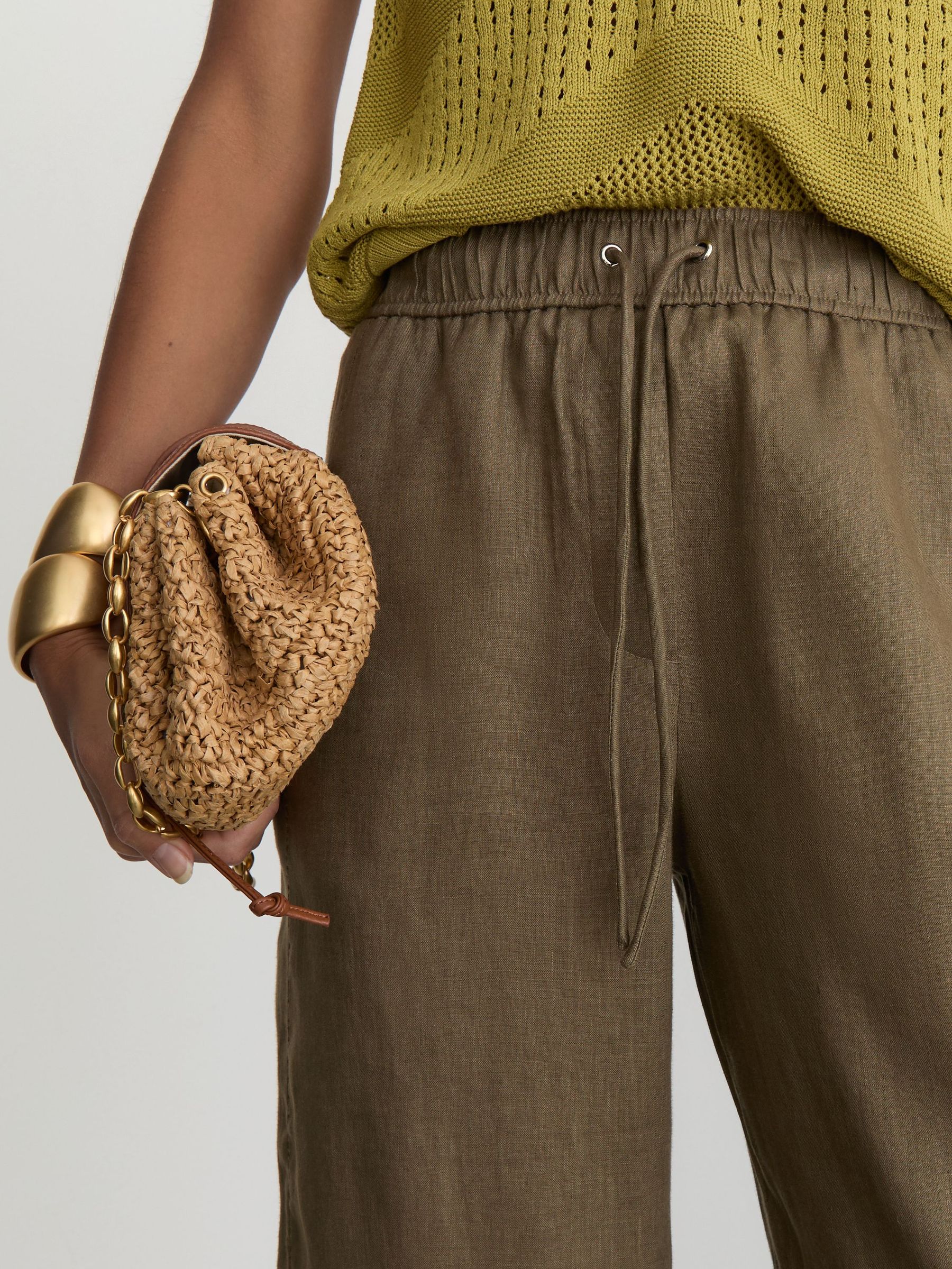 Linen Ladder-Embroidery Wide-Leg Trousers in Khaki Green - Image 3 of 9