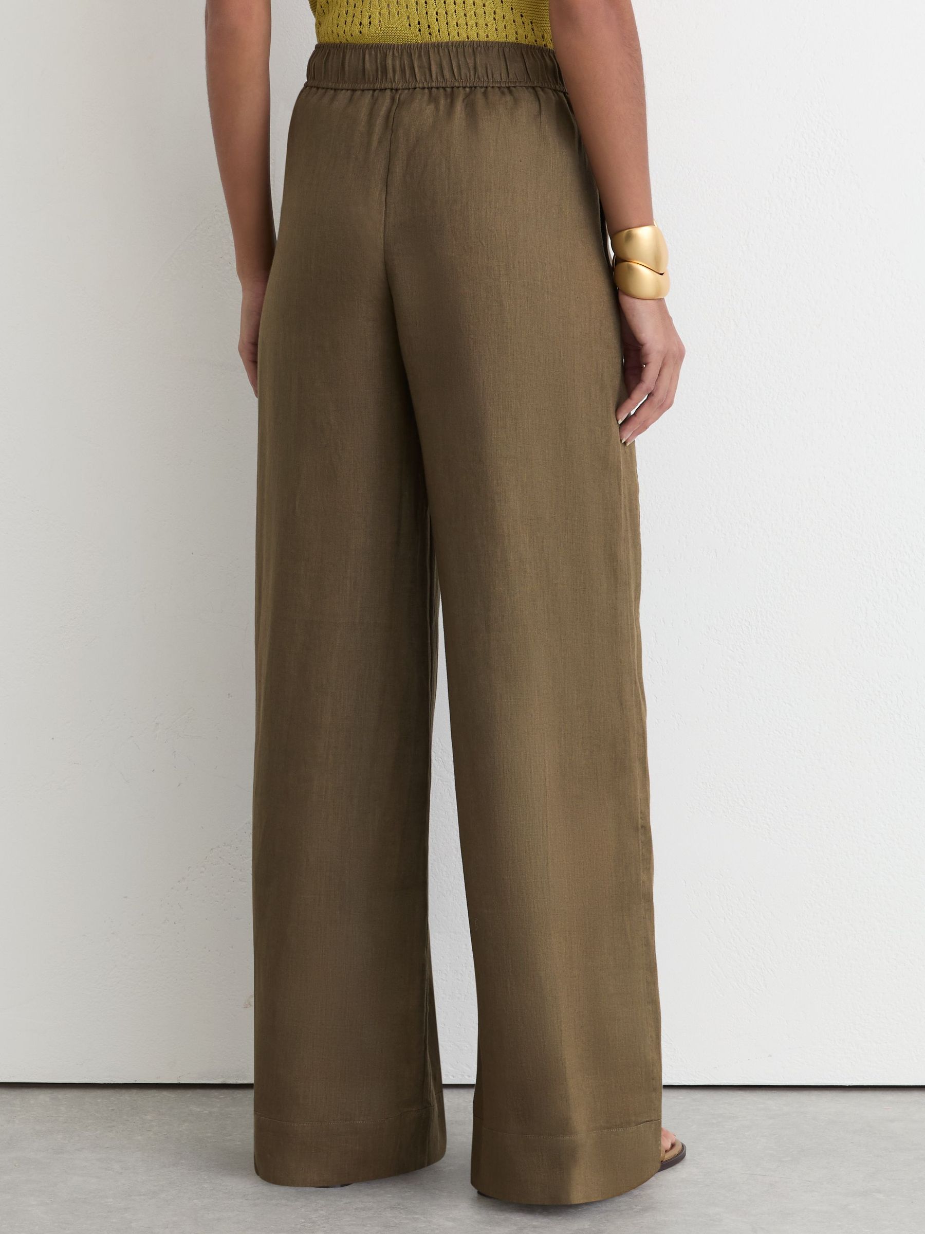Linen Ladder-Embroidery Wide-Leg Trousers in Khaki Green - Image 6 of 9
