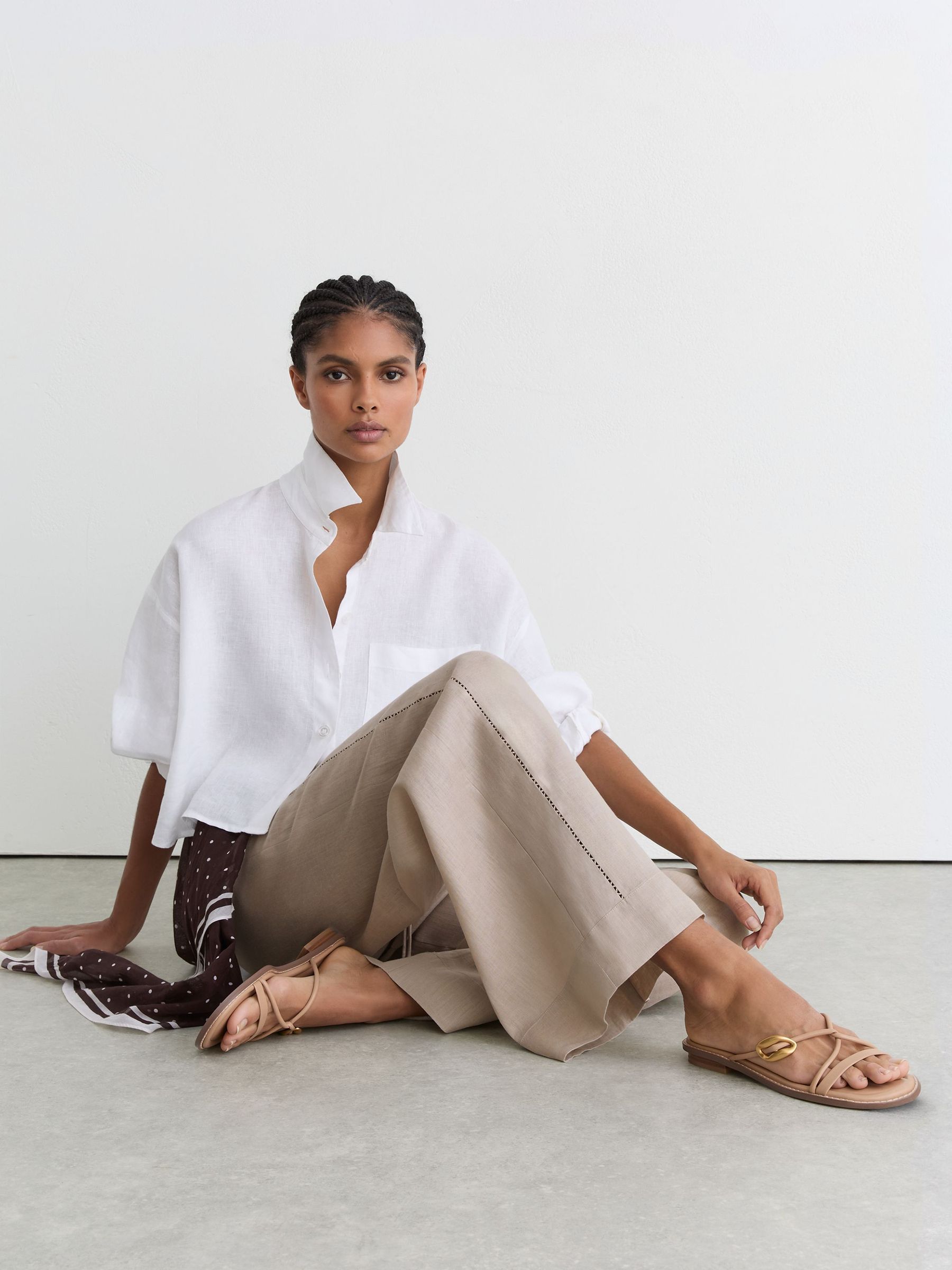 Linen Ladder-Embroidery Wide-Leg Trousers in Neutral - Image 5 of 9