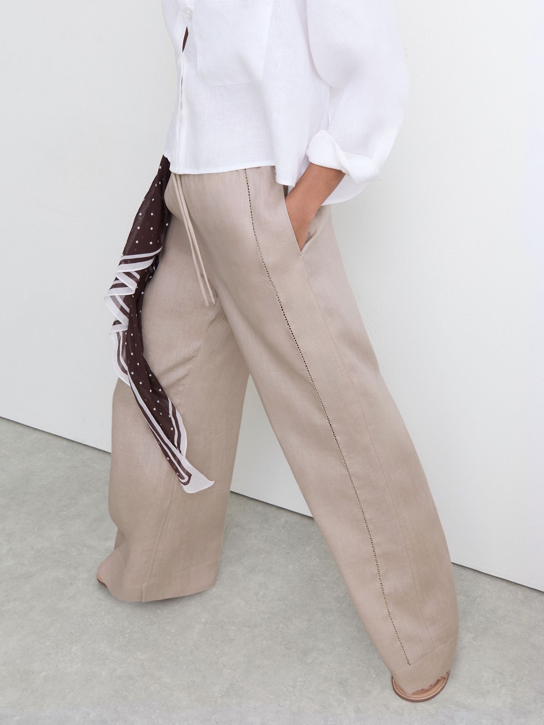 Linen Ladder-Embroidery Wide-Leg Trousers in Neutral - Image 6 of 9