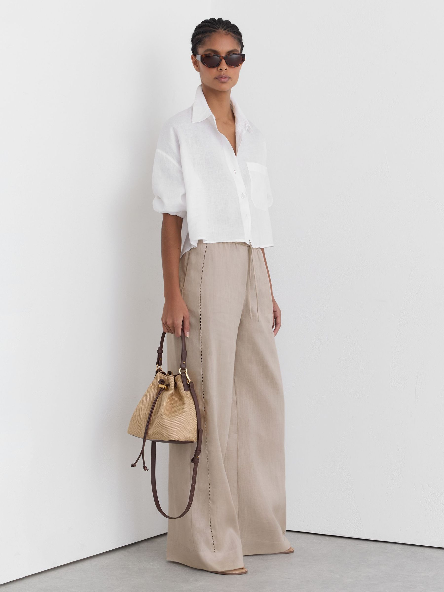 Linen Ladder-Embroidery Wide-Leg Trousers in Neutral - Image 8 of 9