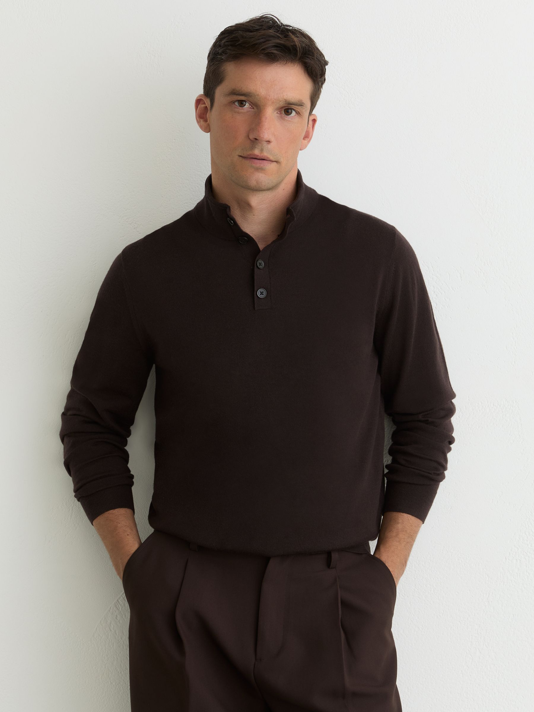 Merino Wool Half-Button Funnel Jumper in Chocolate Brown - Image 1 of 5 Merino Wool Half-Button Funnel Jumper in Chocolate Brown - Image 1 of 5