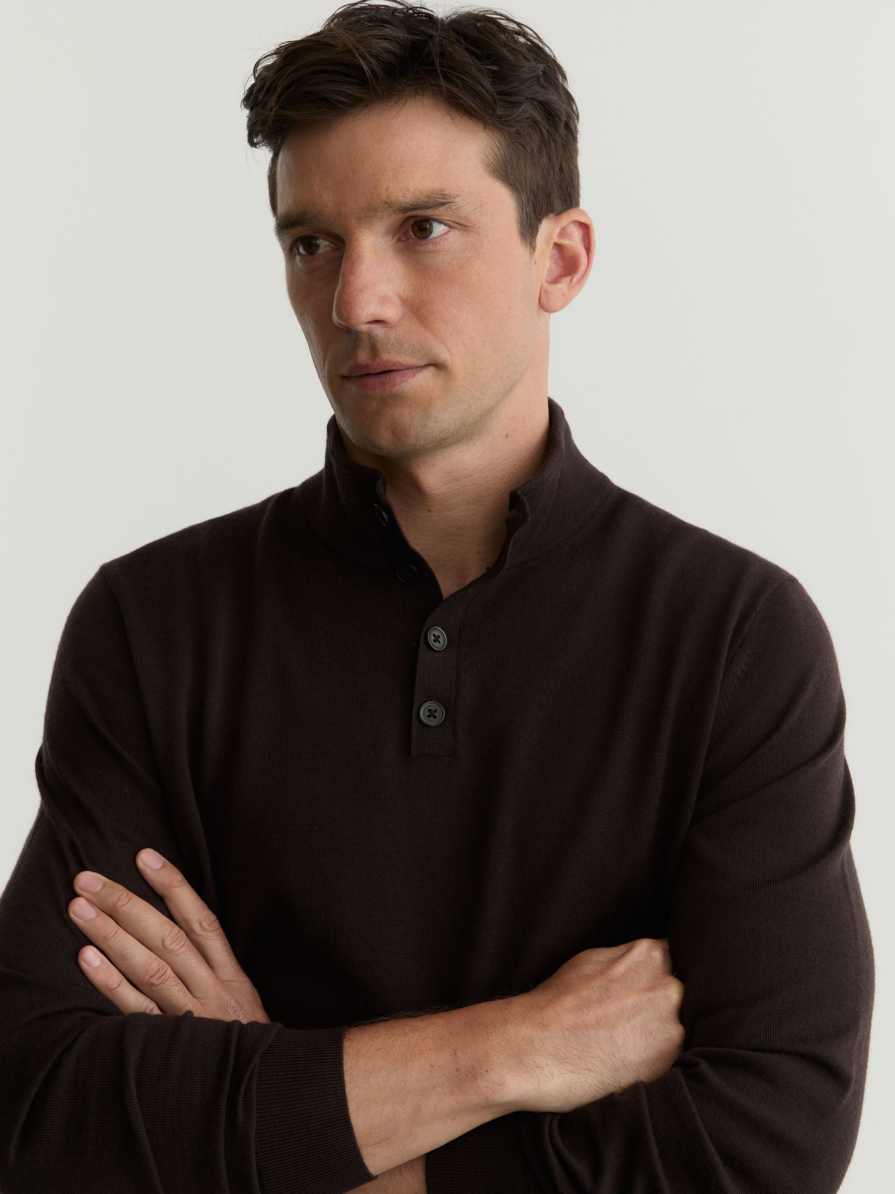 Wool Half-Button Funnel Jumper in Chocolate Brown - image 5