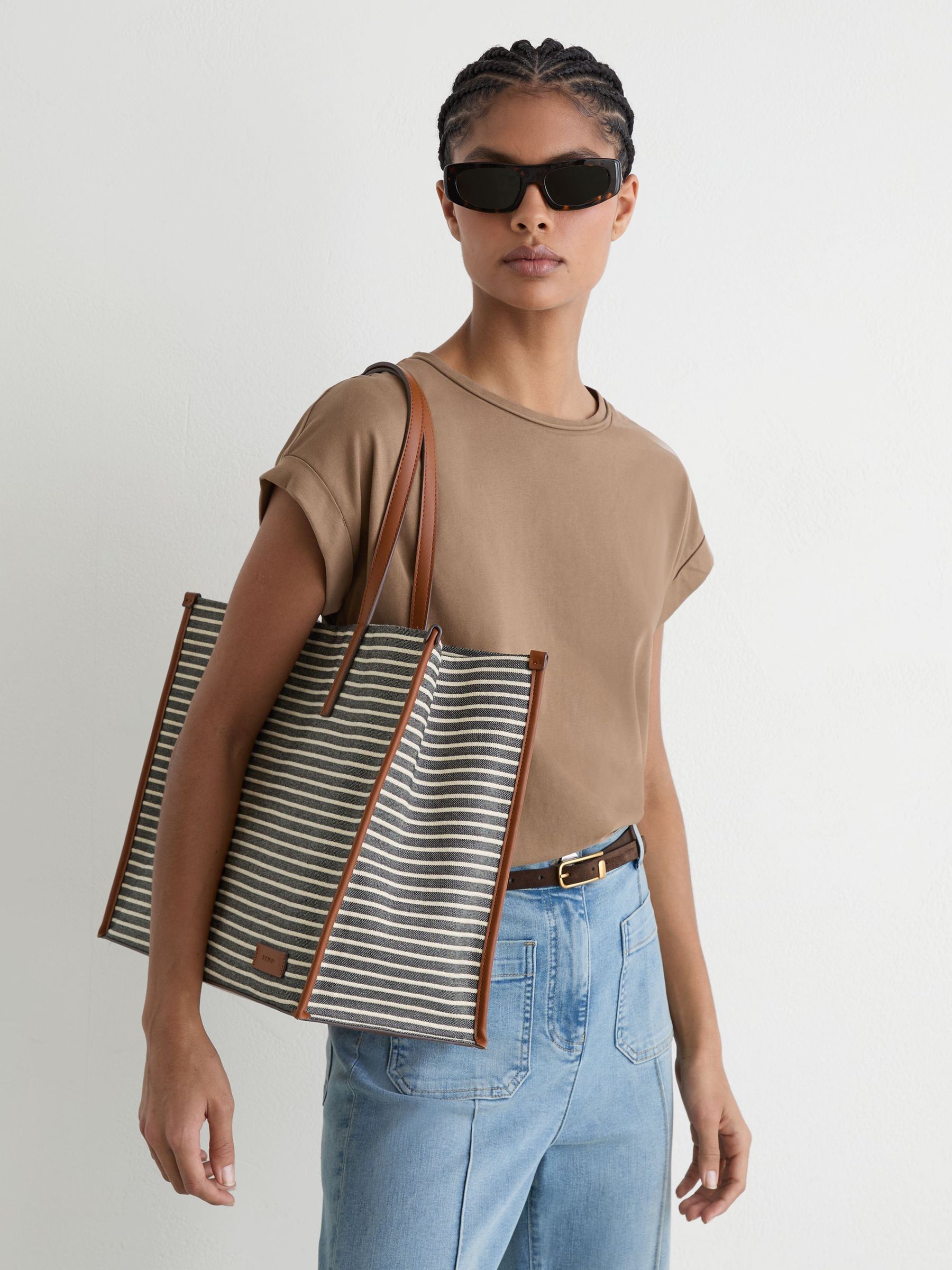 Striped Canvas Tote Bag in Navy/Off White - Image 1 of 6
