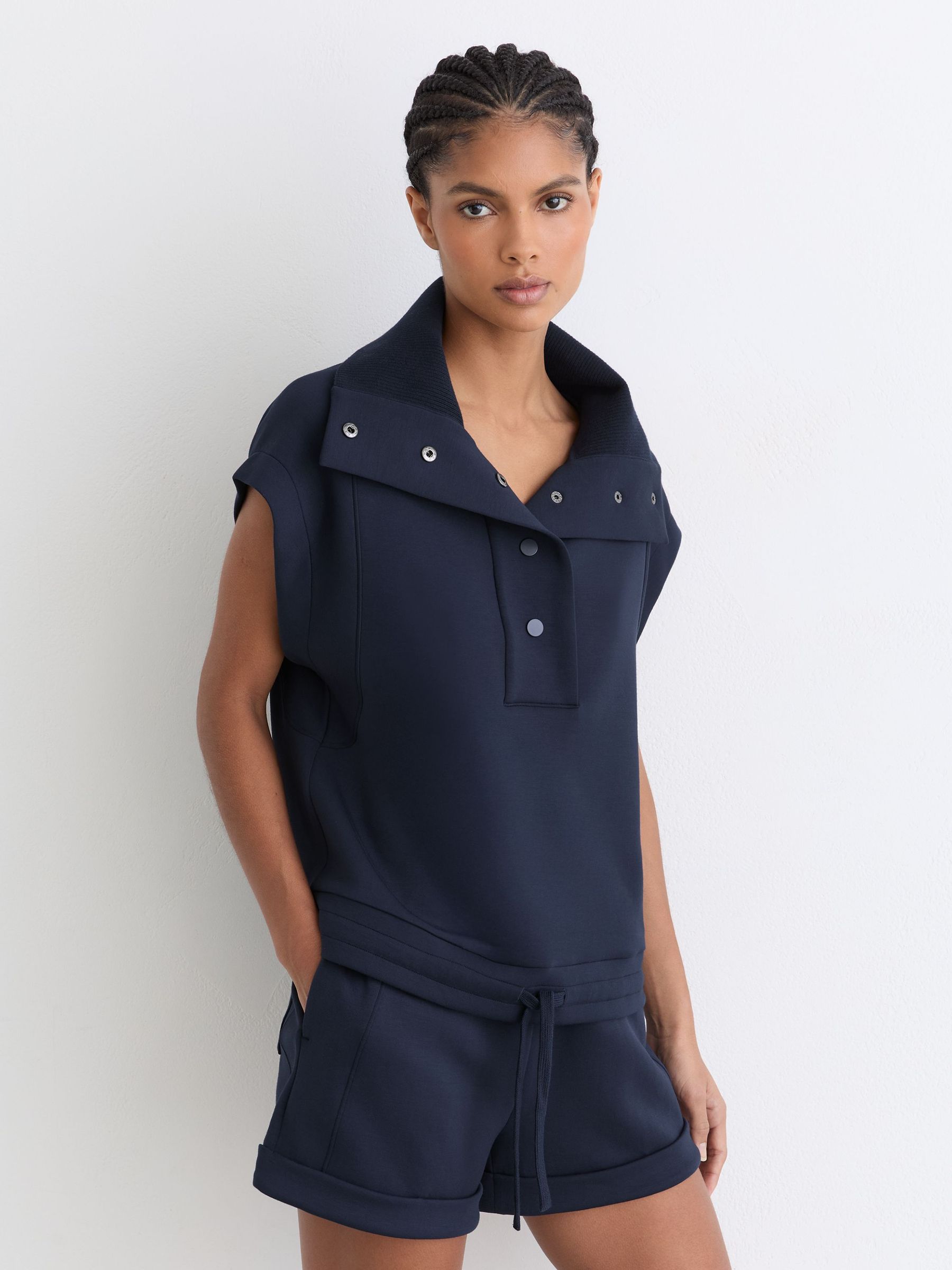Premium Interlock Sleeveless Collared Top in Navy - Image 3 of 7