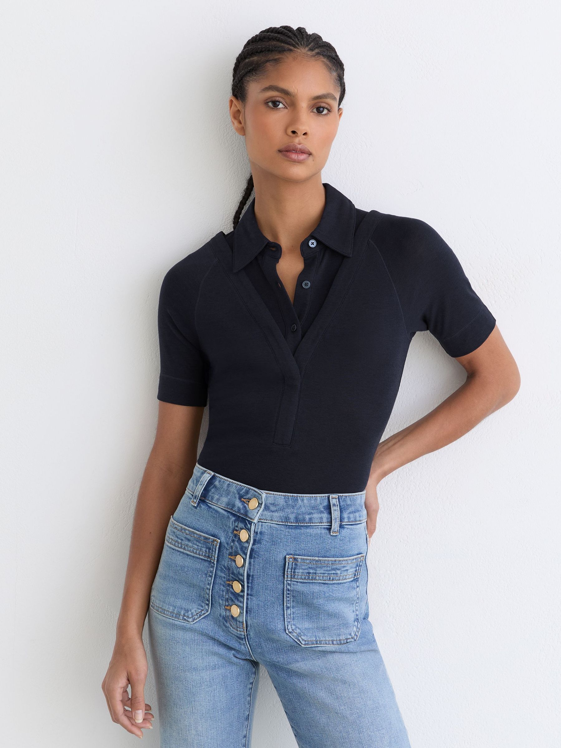 Collar-Insert Jersey-Knit Top with Wool in Navy - image 2