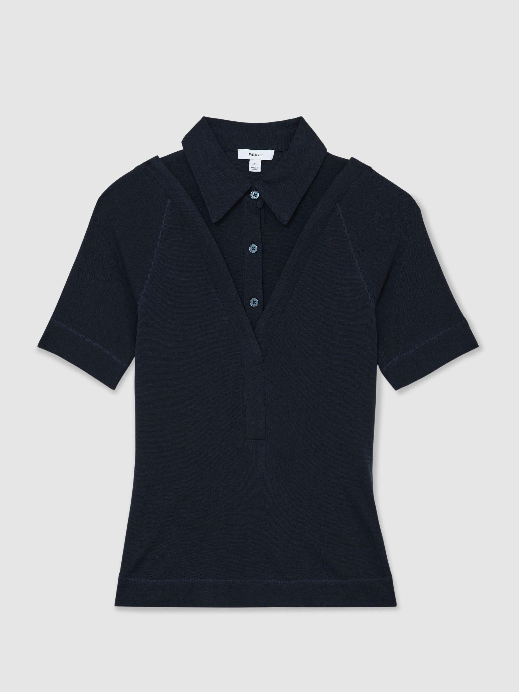 Collar-Insert Jersey-Knit Top with Wool in Navy - image 1