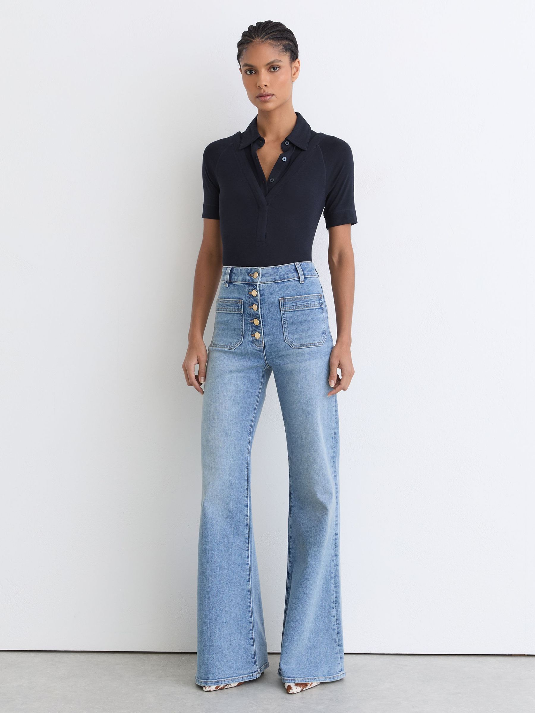 Collar-Insert Jersey-Knit Top with Wool in Navy - Image 3 of 6
