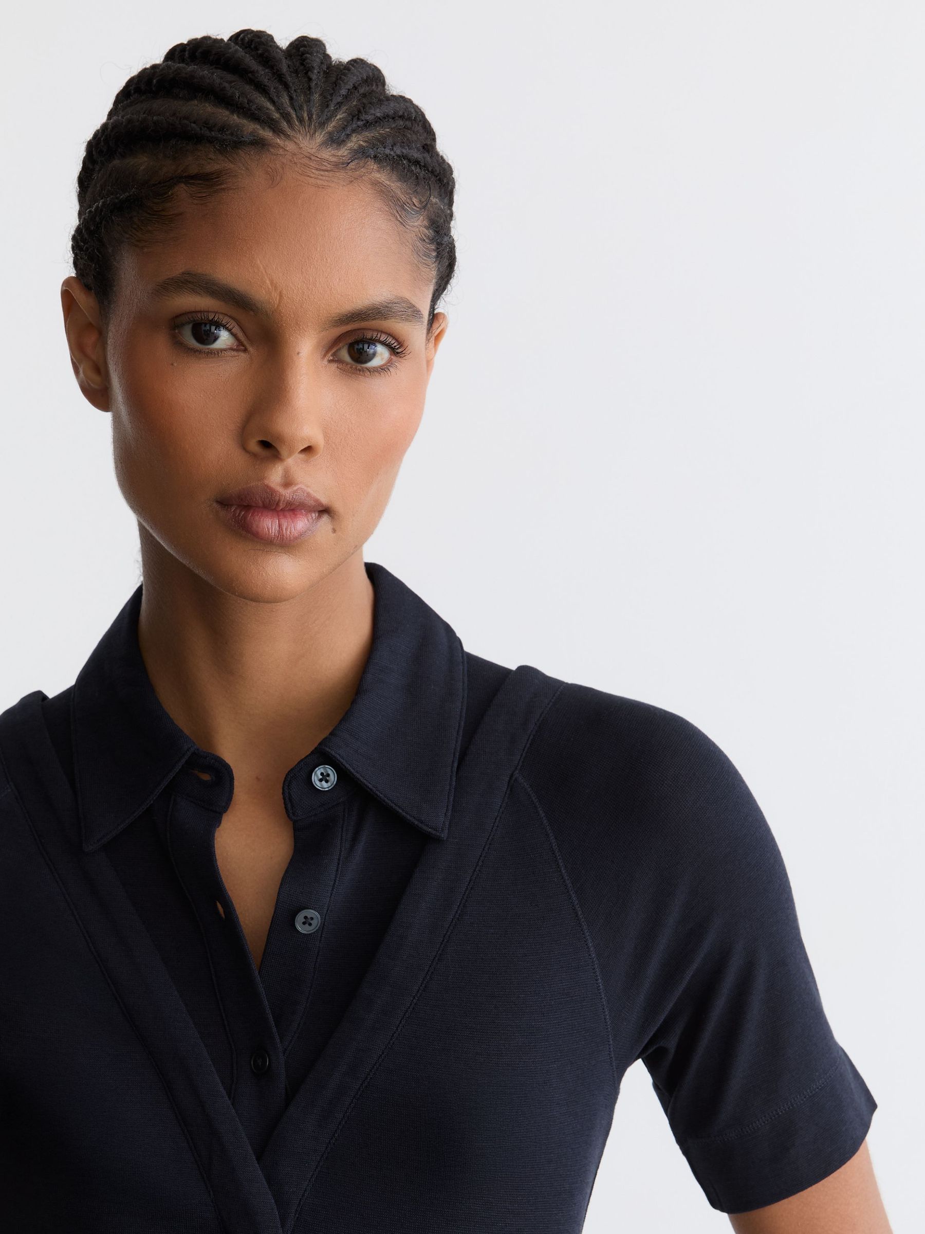 Collar-Insert Jersey-Knit Top with Wool in Navy - Image 4 of 6