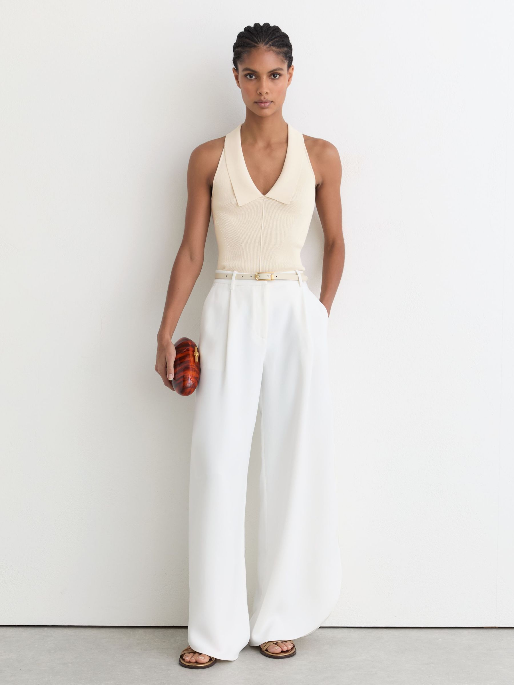 Collared Rib-Knit Vest in Ivory - Image 1 of 7