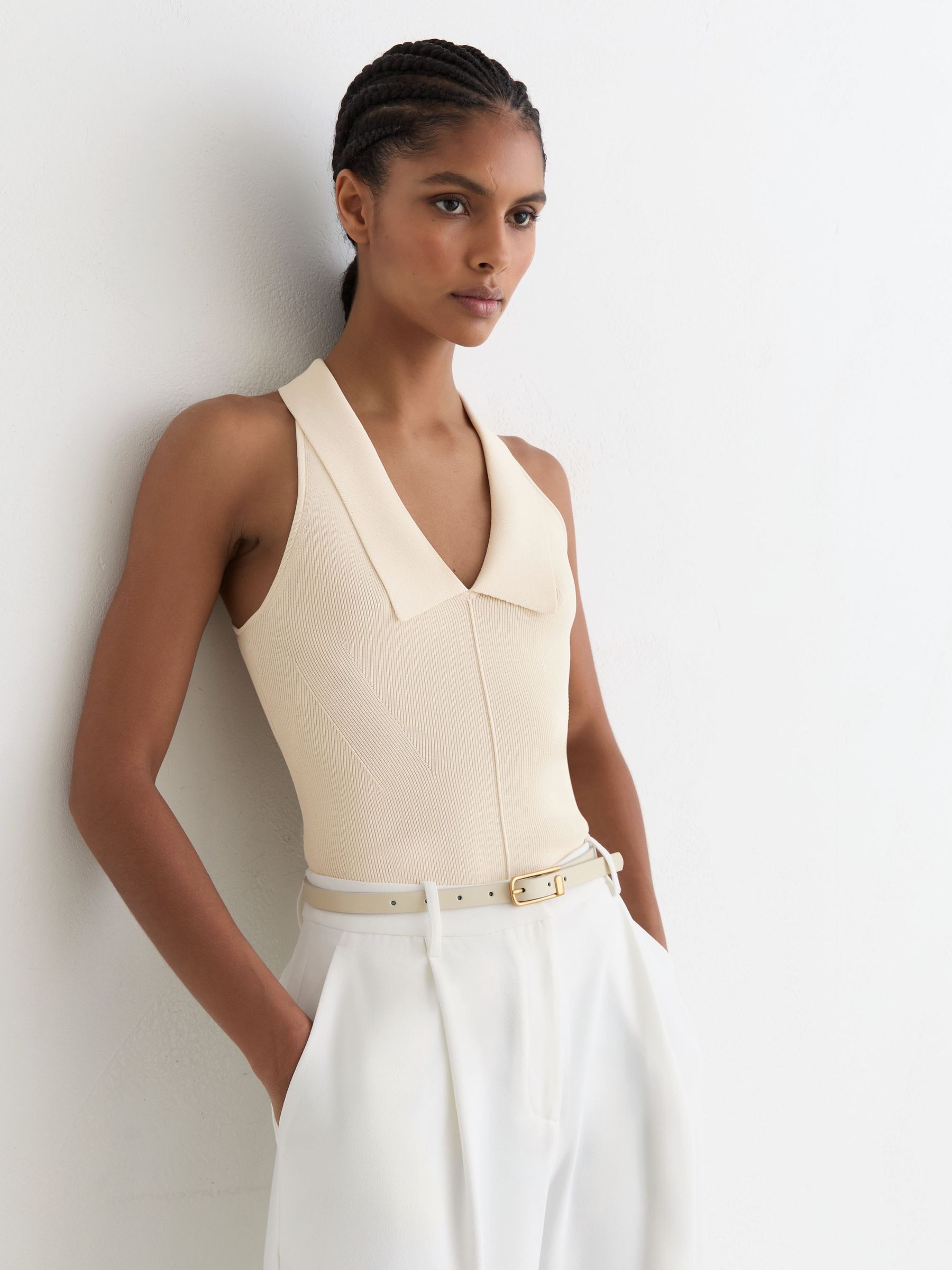 Collared Rib-Knit Vest in Ivory - Image 3 of 7