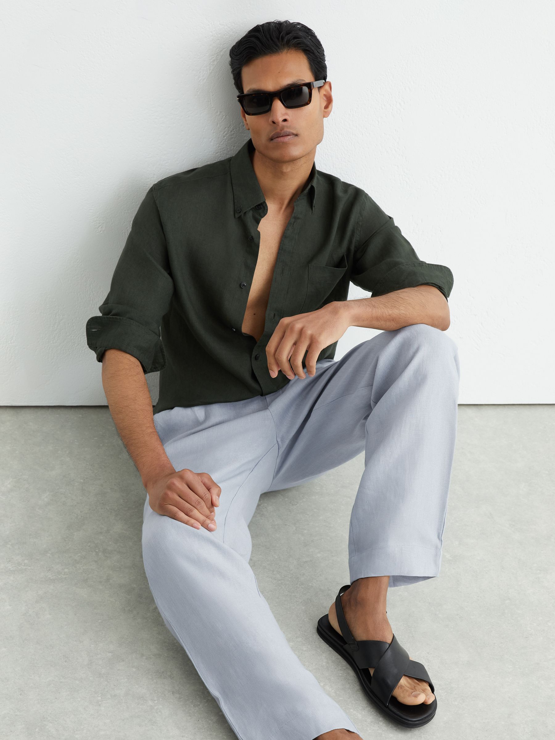 Linen Relaxed-Fit Drawstring Trousers in Airforce Blue - image 2