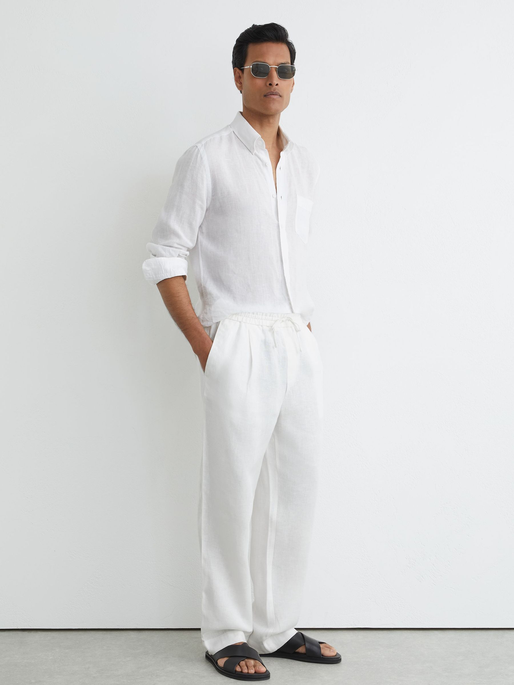 Linen Relaxed-Fit Drawstring Trousers in White - Image 1 of 7