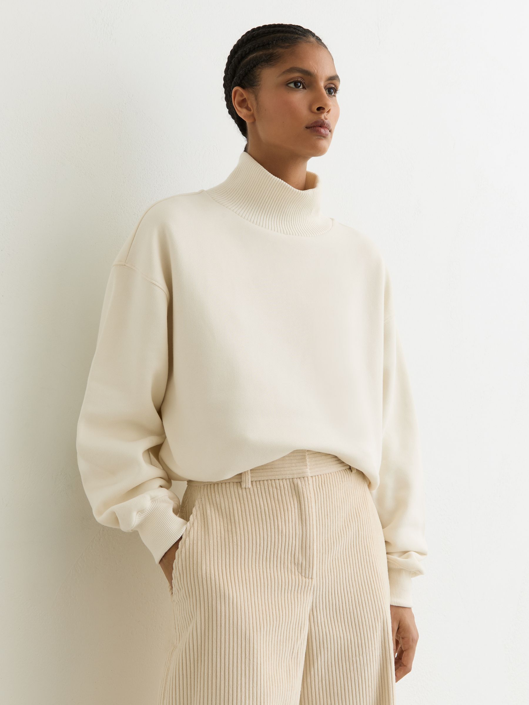 Cotton Funnel-Neck Sweatshirt in Cream - Image 1 of 7