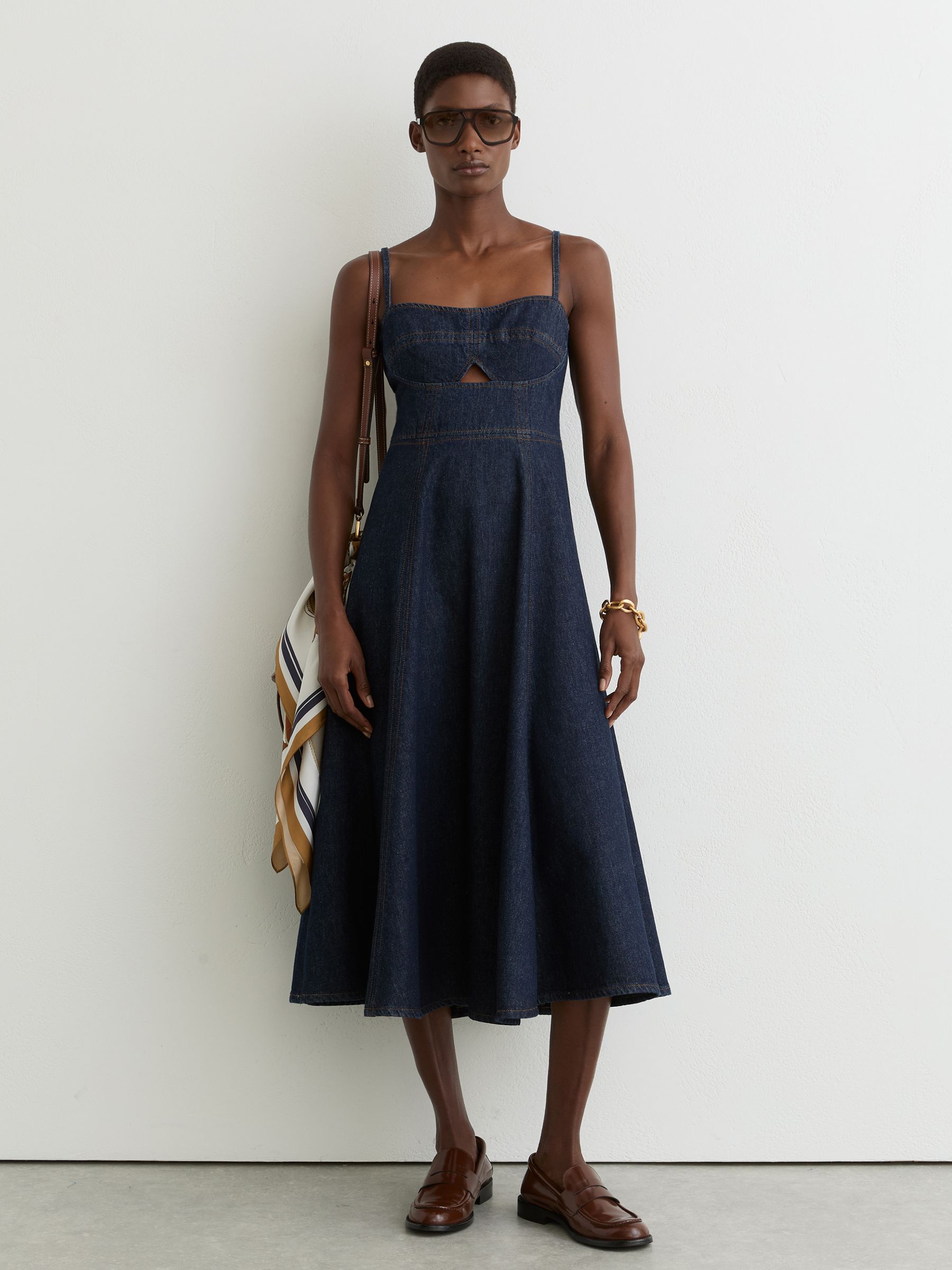 Denim Fit-and-Flare Midi Dress in Indigo Blue - Image 3 of 7