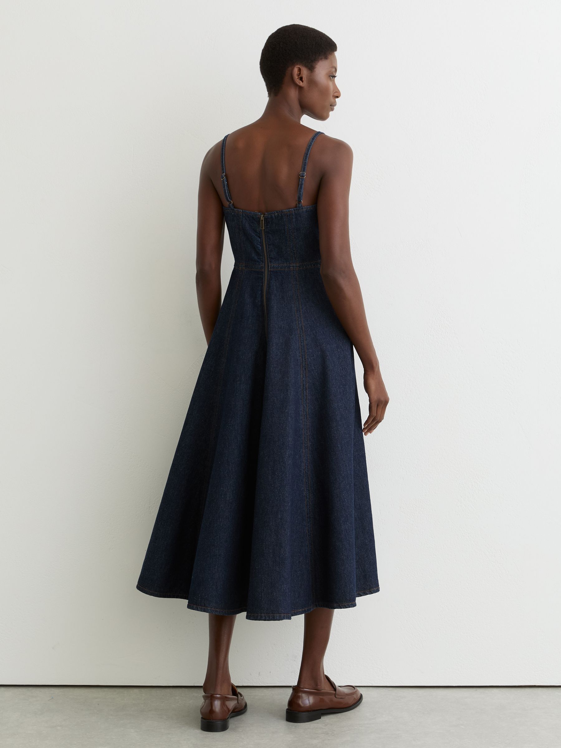 Denim Fit-and-Flare Midi Dress in Indigo Blue - Image 5 of 7