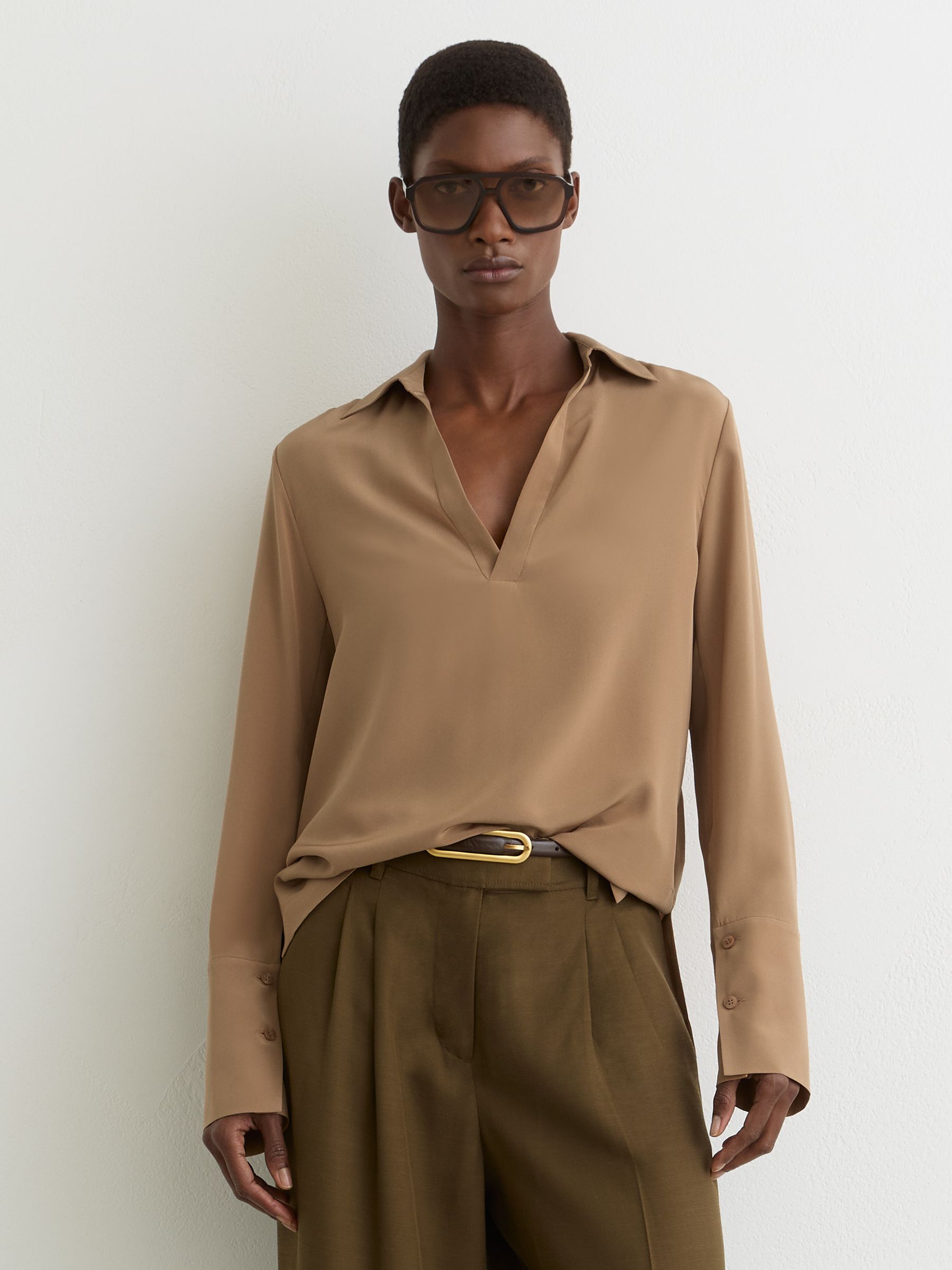 Matte-Silk Open-Collar Blouse in Camel - Image 1 of 7 Matte-Silk Open-Collar Blouse in Camel - Image 1 of 7