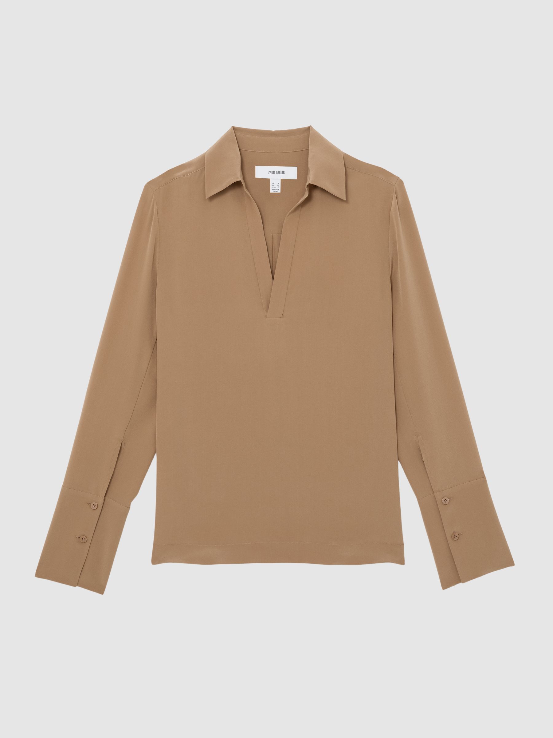Matte-Silk Open-Collar Blouse in Camel - image 1