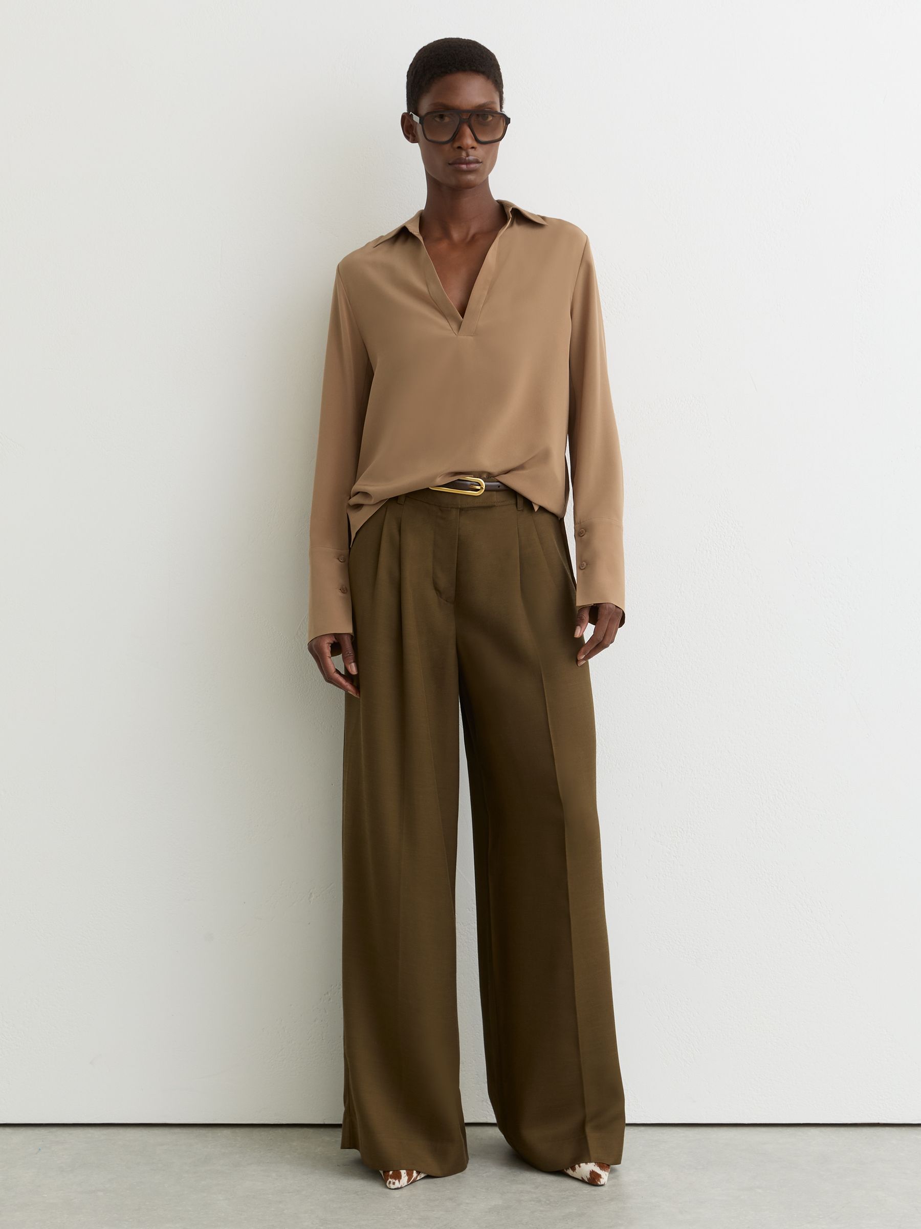 Matte-Silk Open-Collar Blouse in Camel - Image 3 of 7