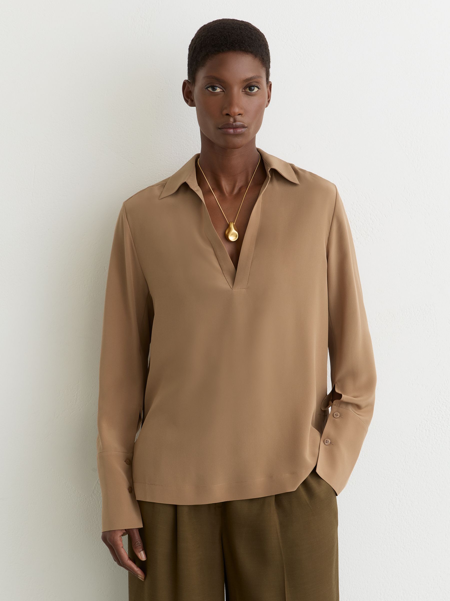 Matte-Silk Open-Collar Blouse in Camel - Image 6 of 7