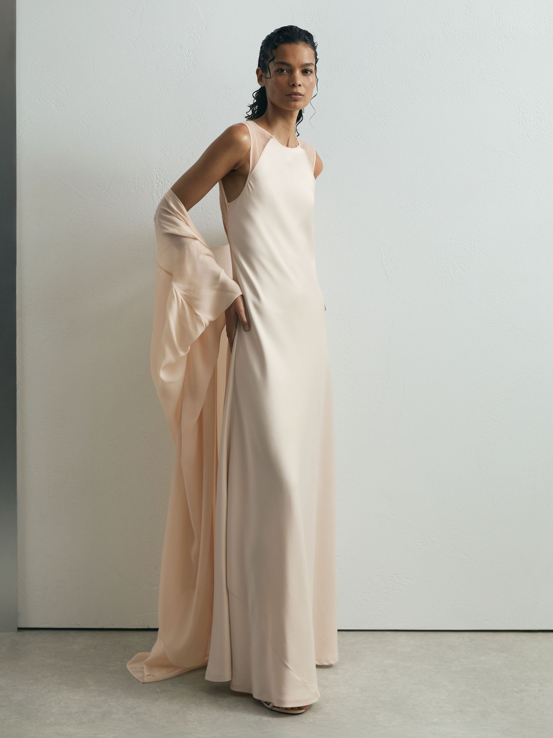 Reiss Atelier Satin Cape Maxi Dress in Cream - REISS