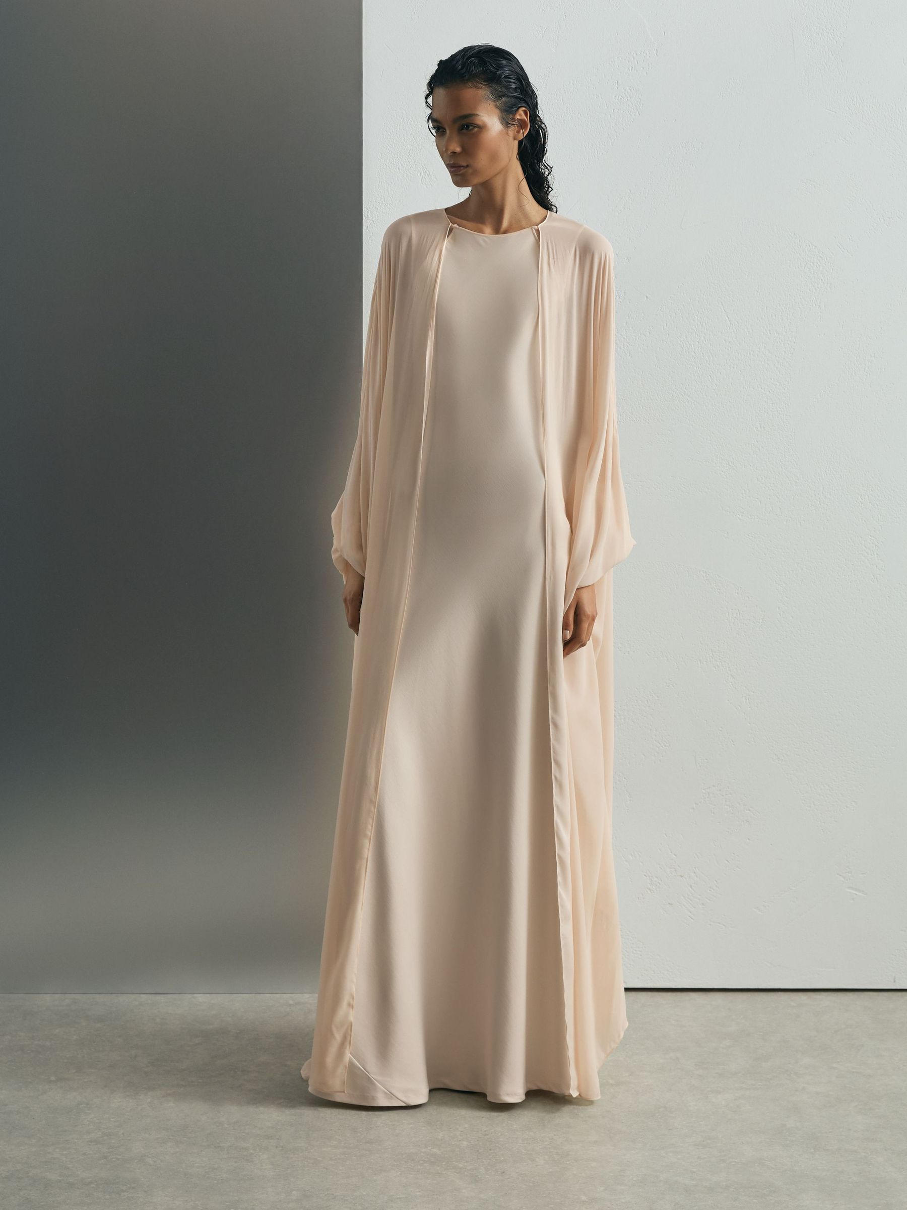 Reiss Atelier Satin Cape Maxi Dress in Cream