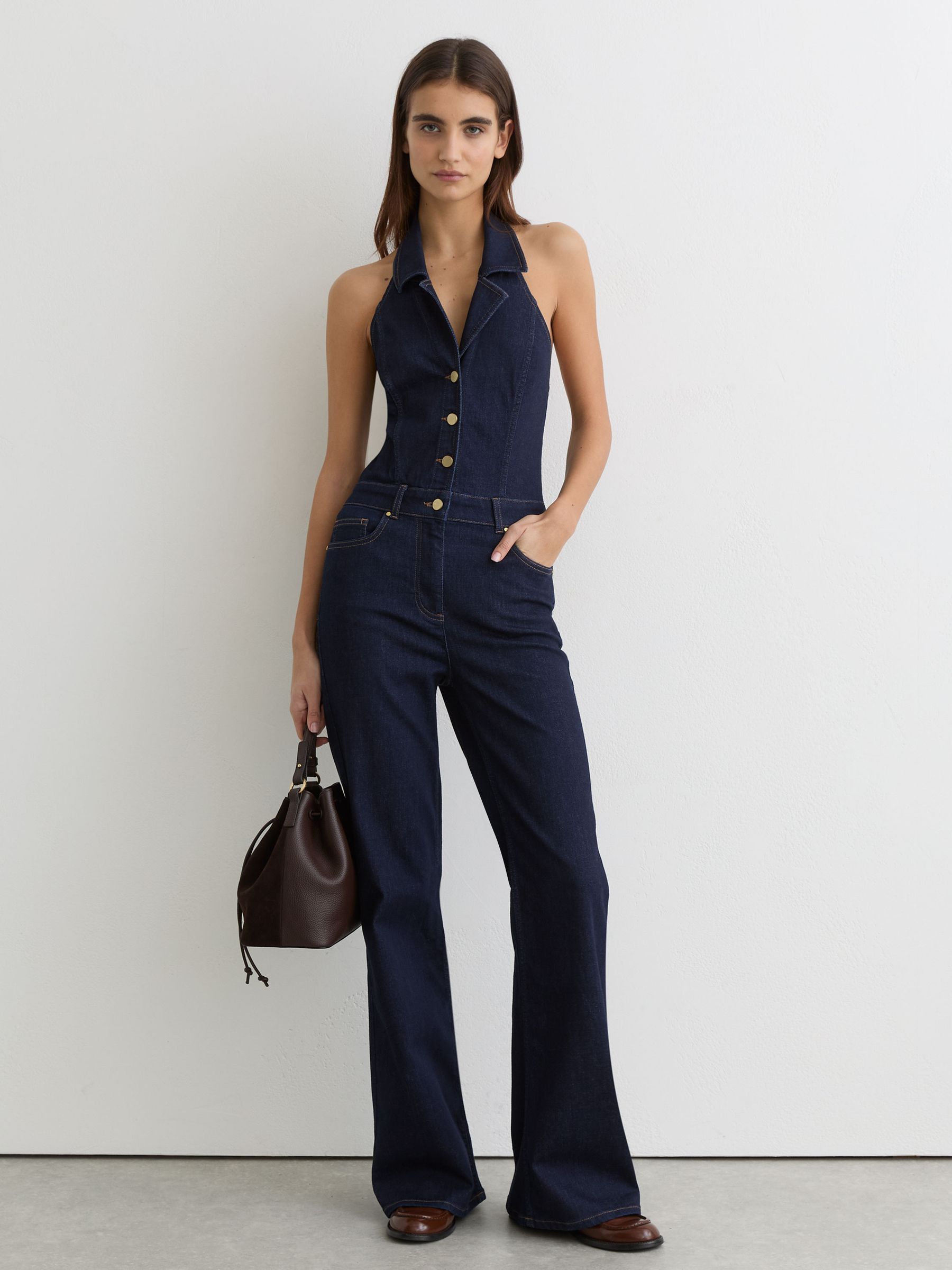 Denim Halterneck Flared Jumpsuit in Indigo Blue - image 2