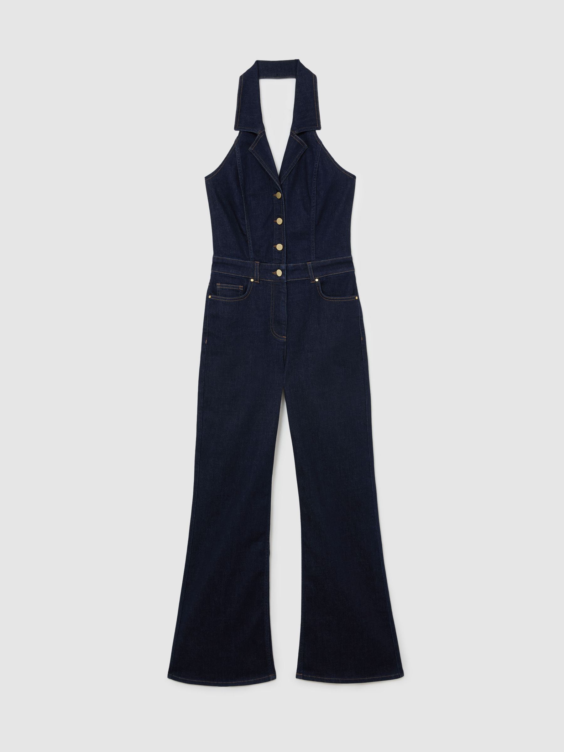 Denim Halterneck Flared Jumpsuit in Indigo Blue - image 1