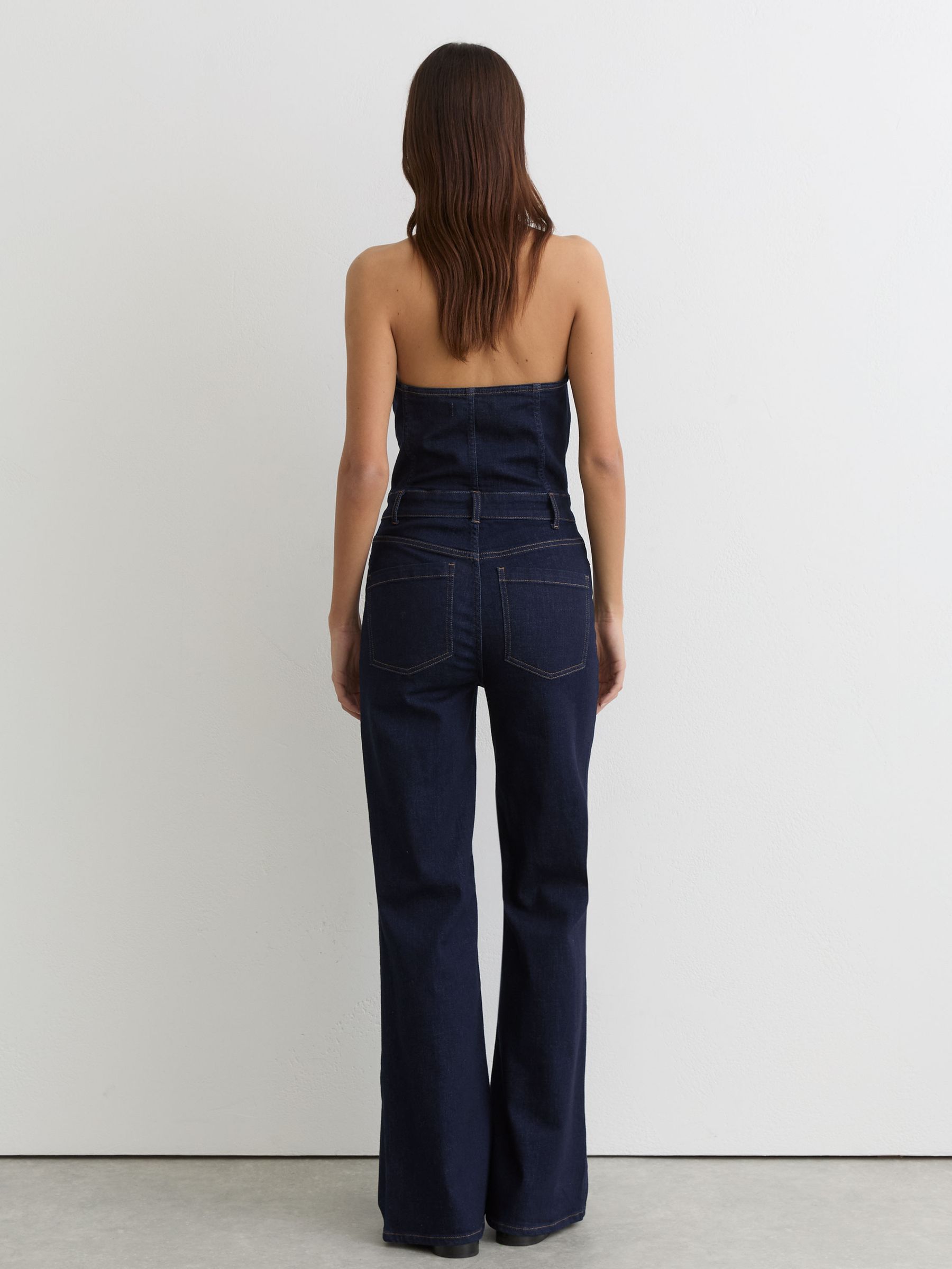 Denim Halterneck Flared Jumpsuit in Indigo Blue - image 5