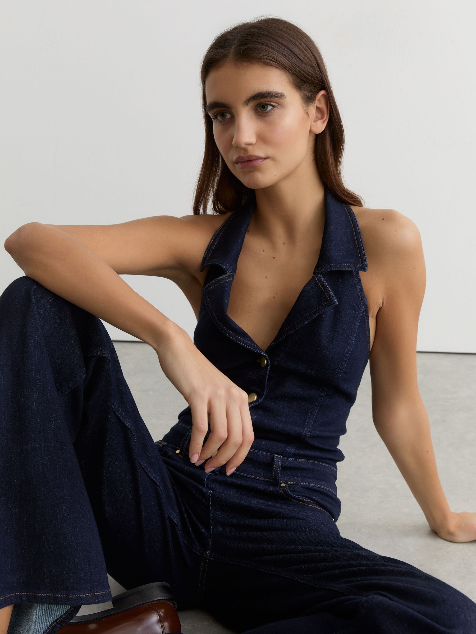 Denim Halterneck Flared Jumpsuit in Indigo Blue - image 3