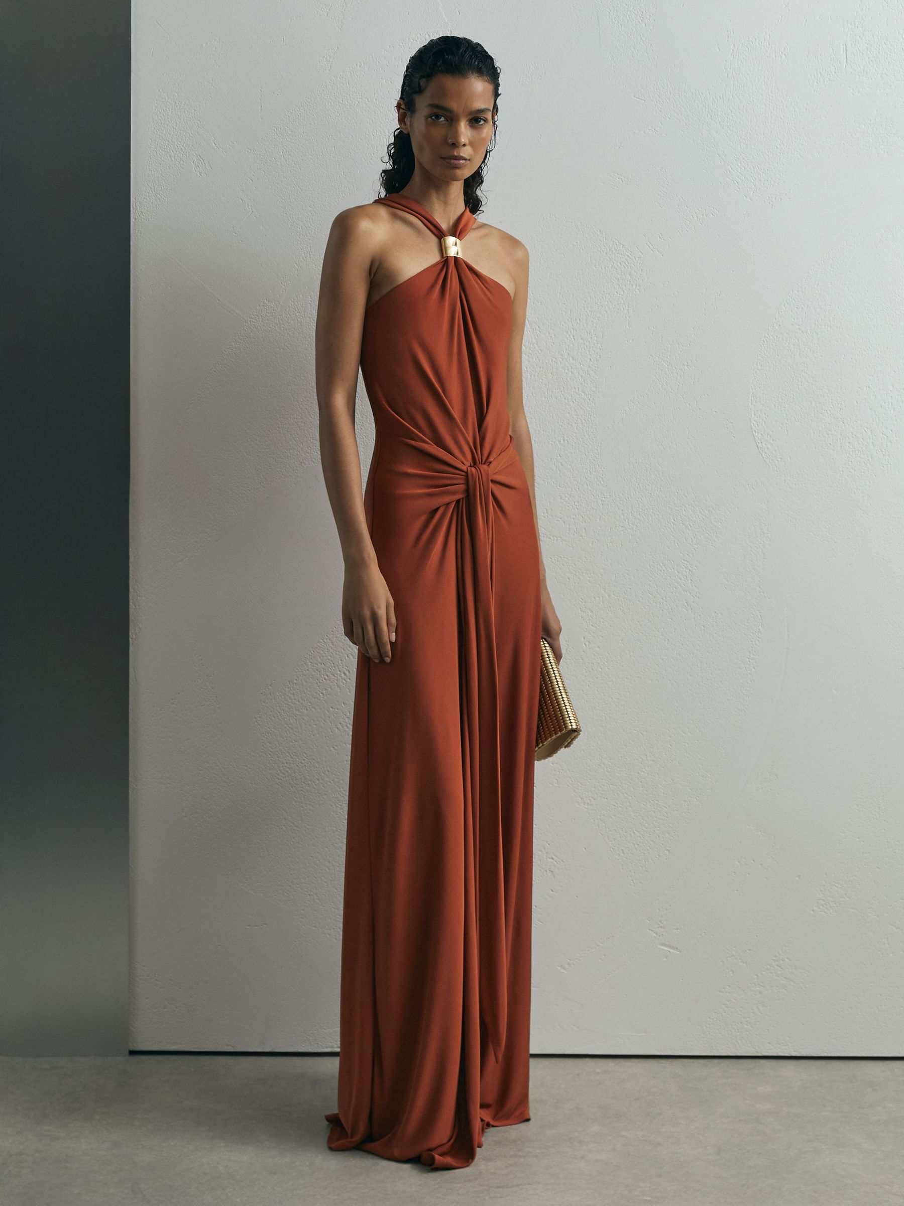Atelier Rust Hardware-Detail Draped Maxi Dress in Rust - Image 3 of 9