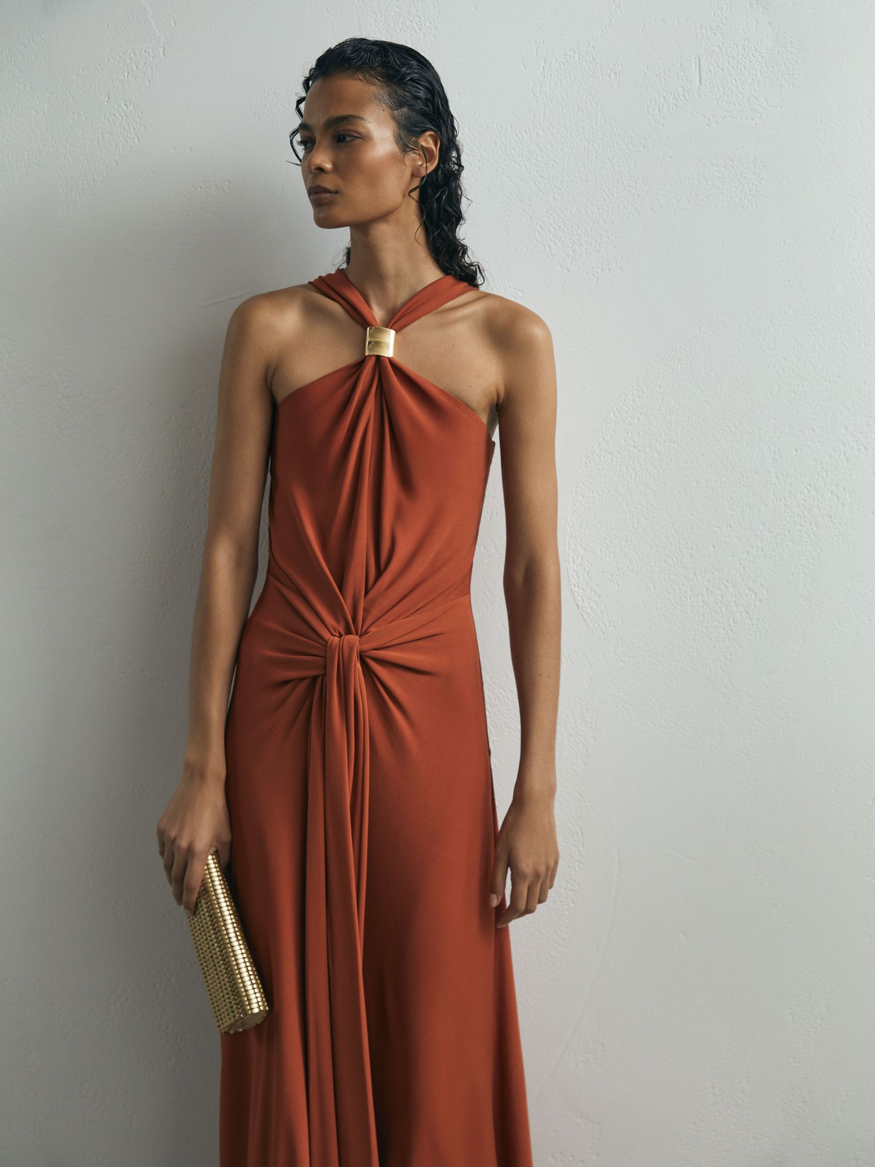 Atelier Rust Hardware-Detail Draped Maxi Dress in Rust - Image 7 of 9