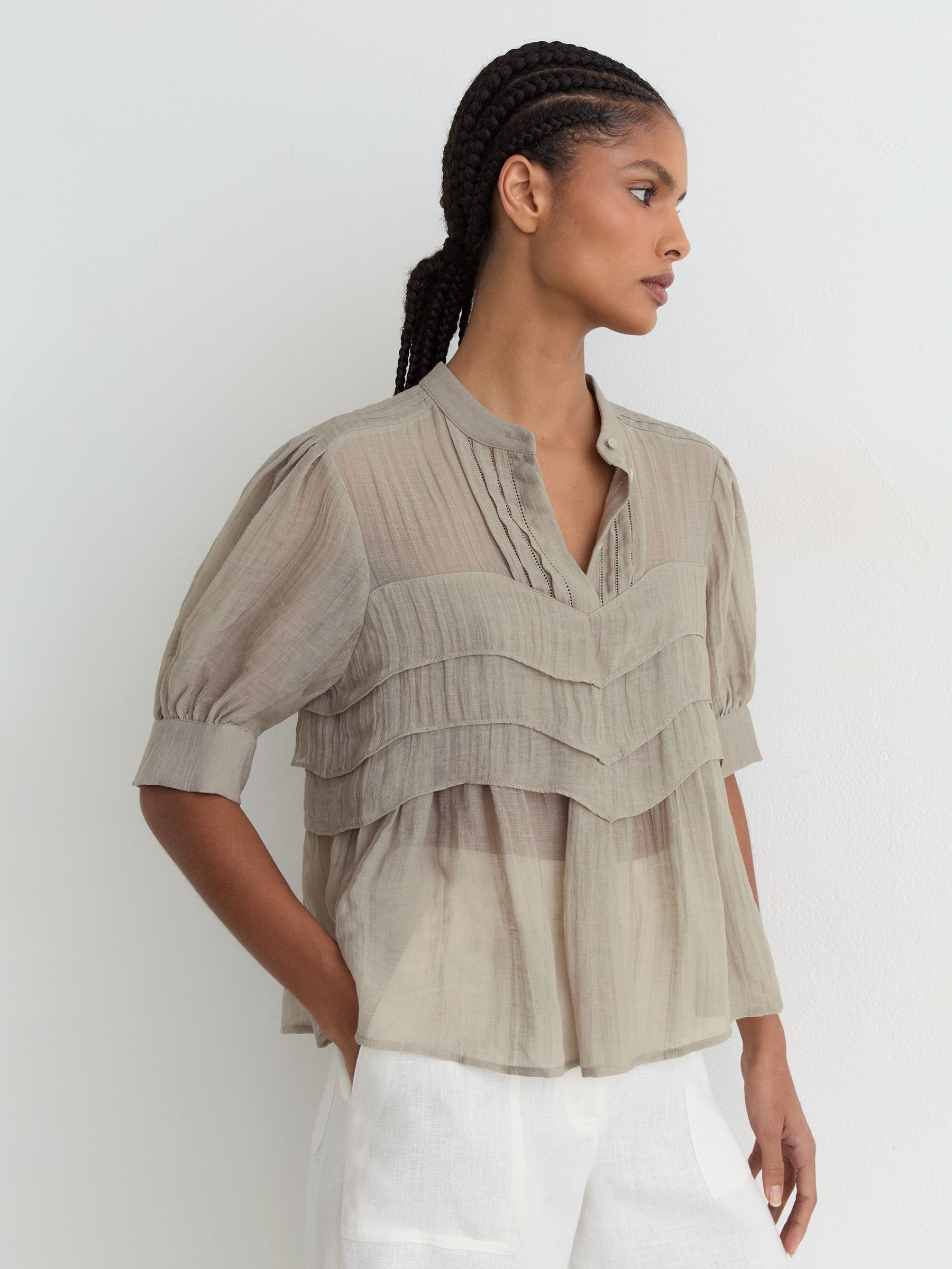 Frill-Detail Half-Button Blouse in Grey - Image 1 of 6