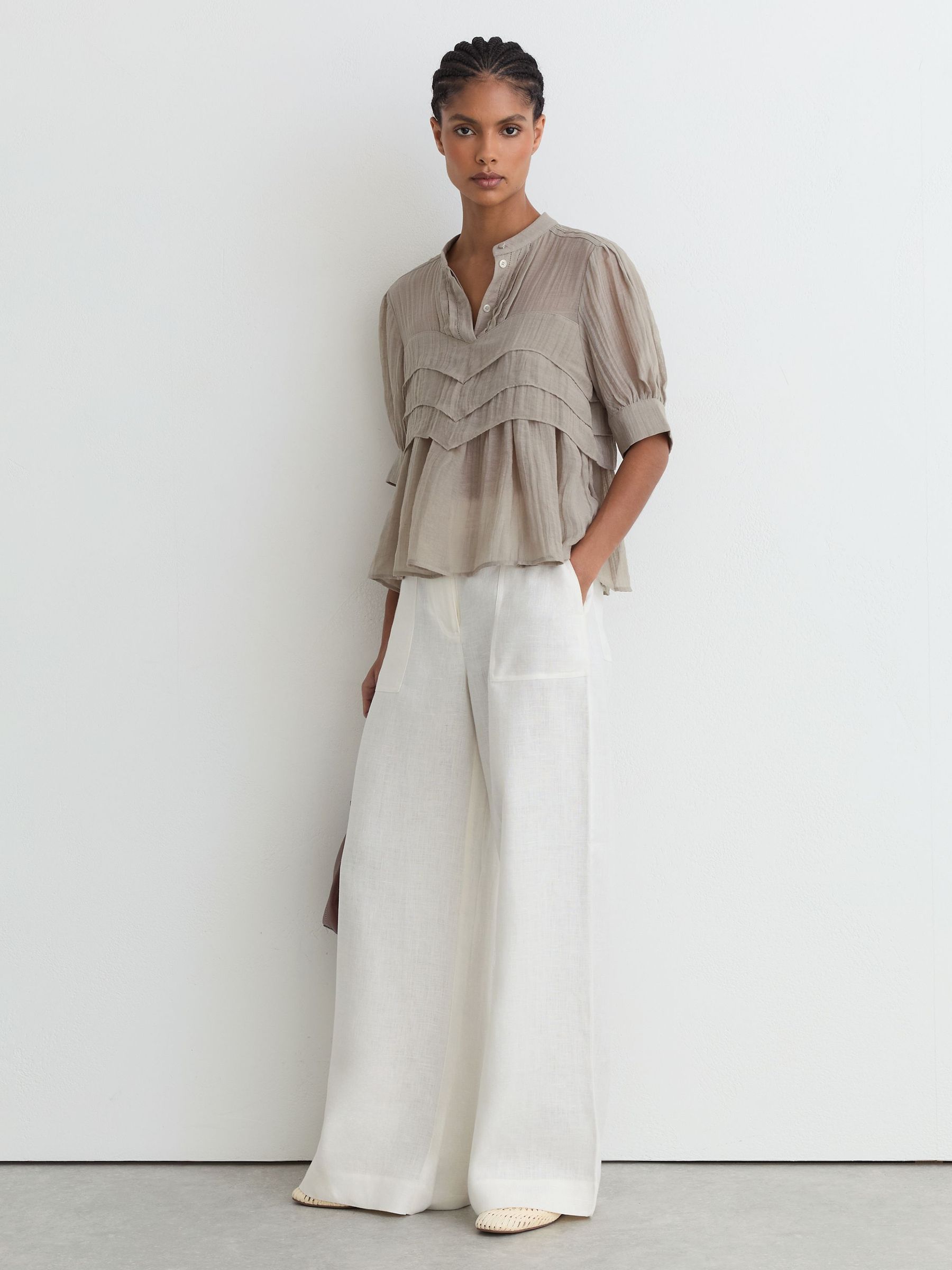 Reiss Frill-Detail Half-Button Blouse in Grey - REISS
