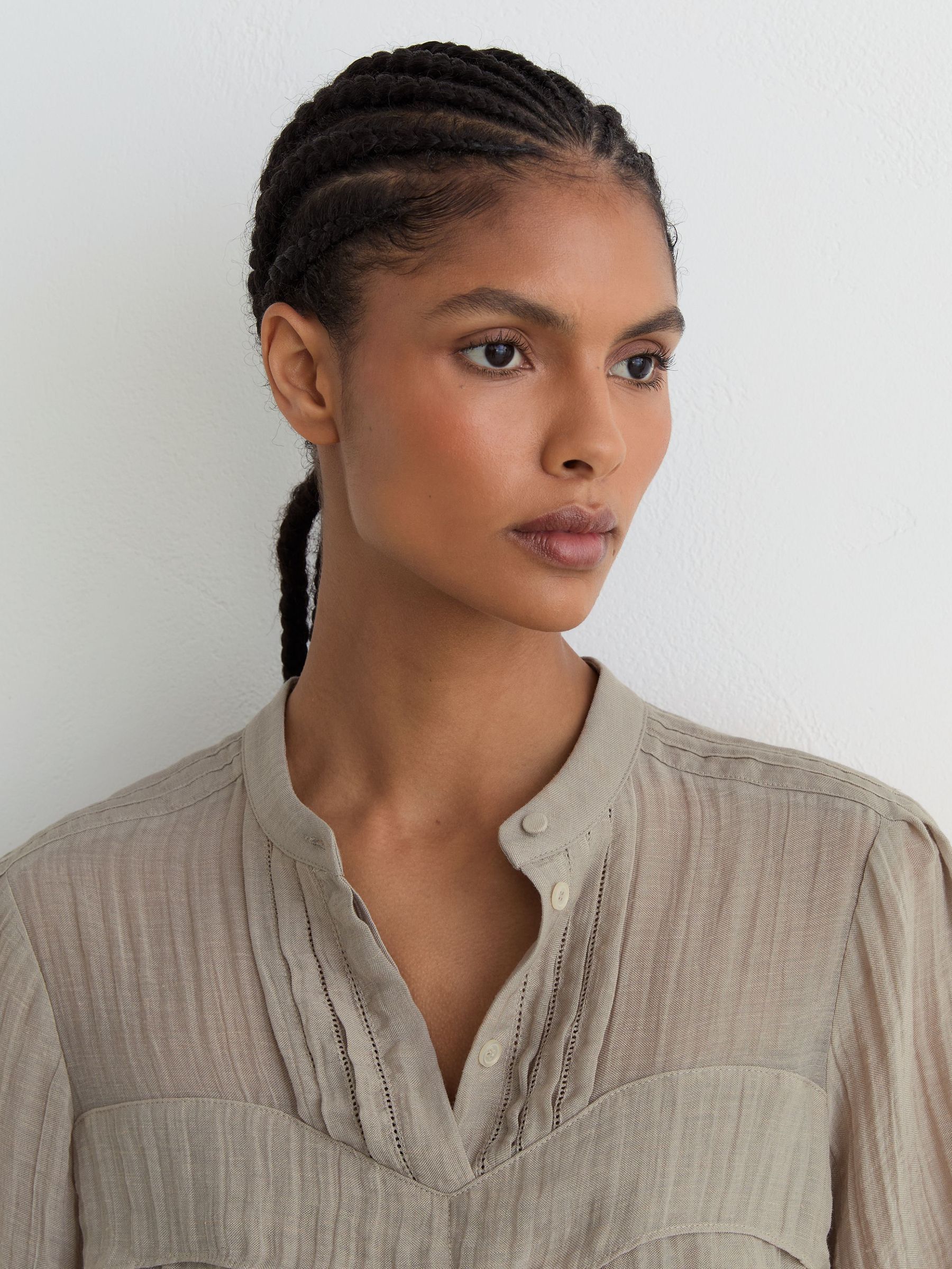 Frill-Detail Half-Button Blouse in Grey - image 5