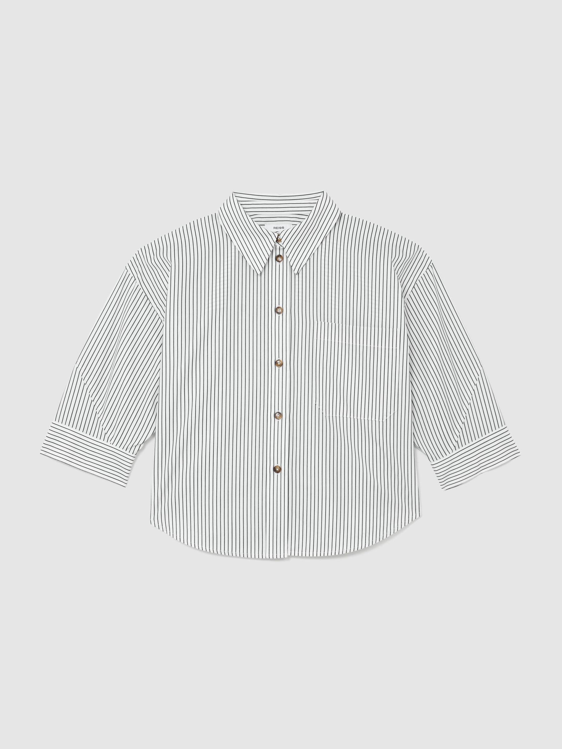 Cotton Striped Cropped Shirt in Ivory/Blue - image 1