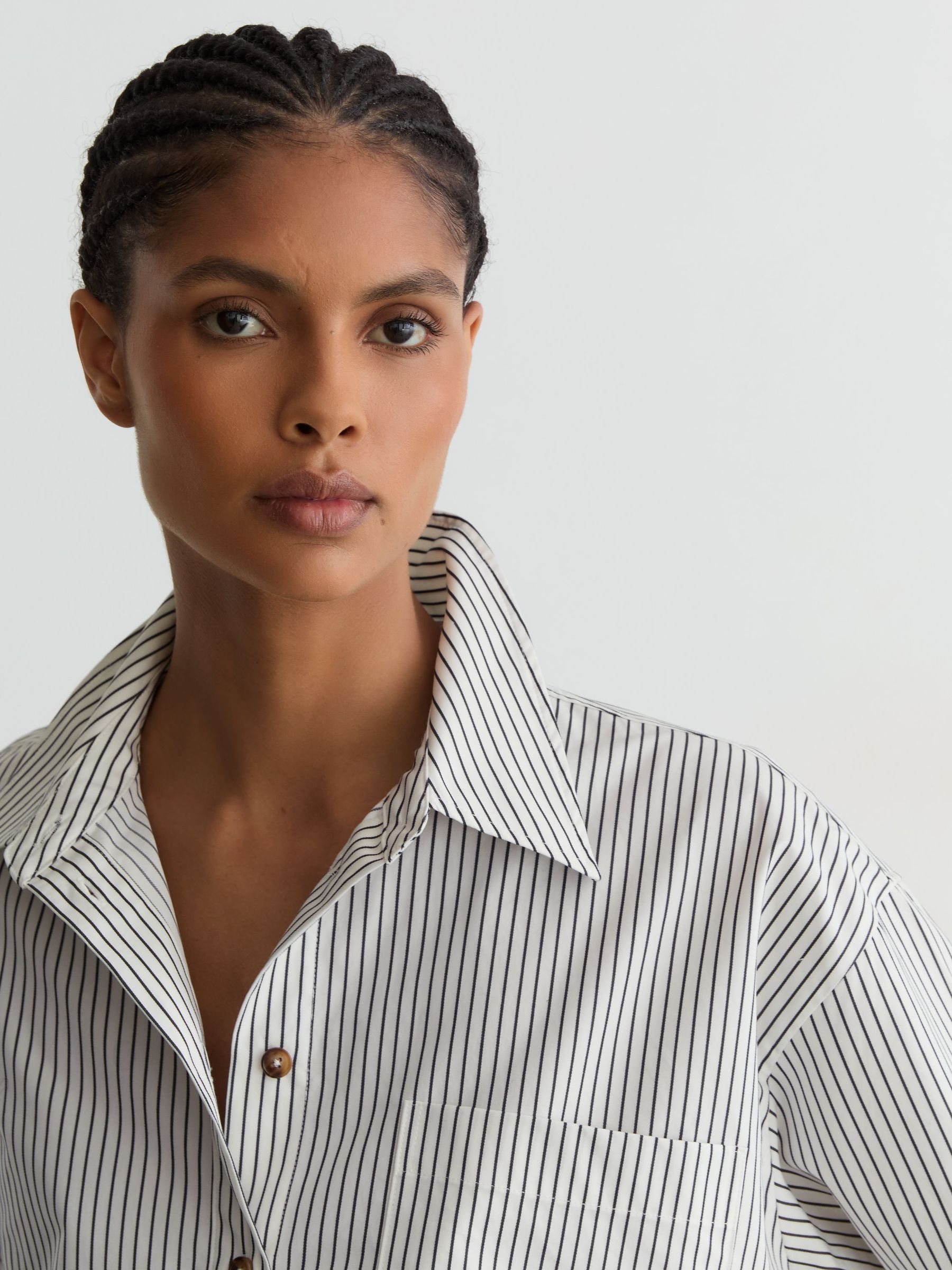 Cotton Striped Cropped Shirt in Ivory/Blue - image 5