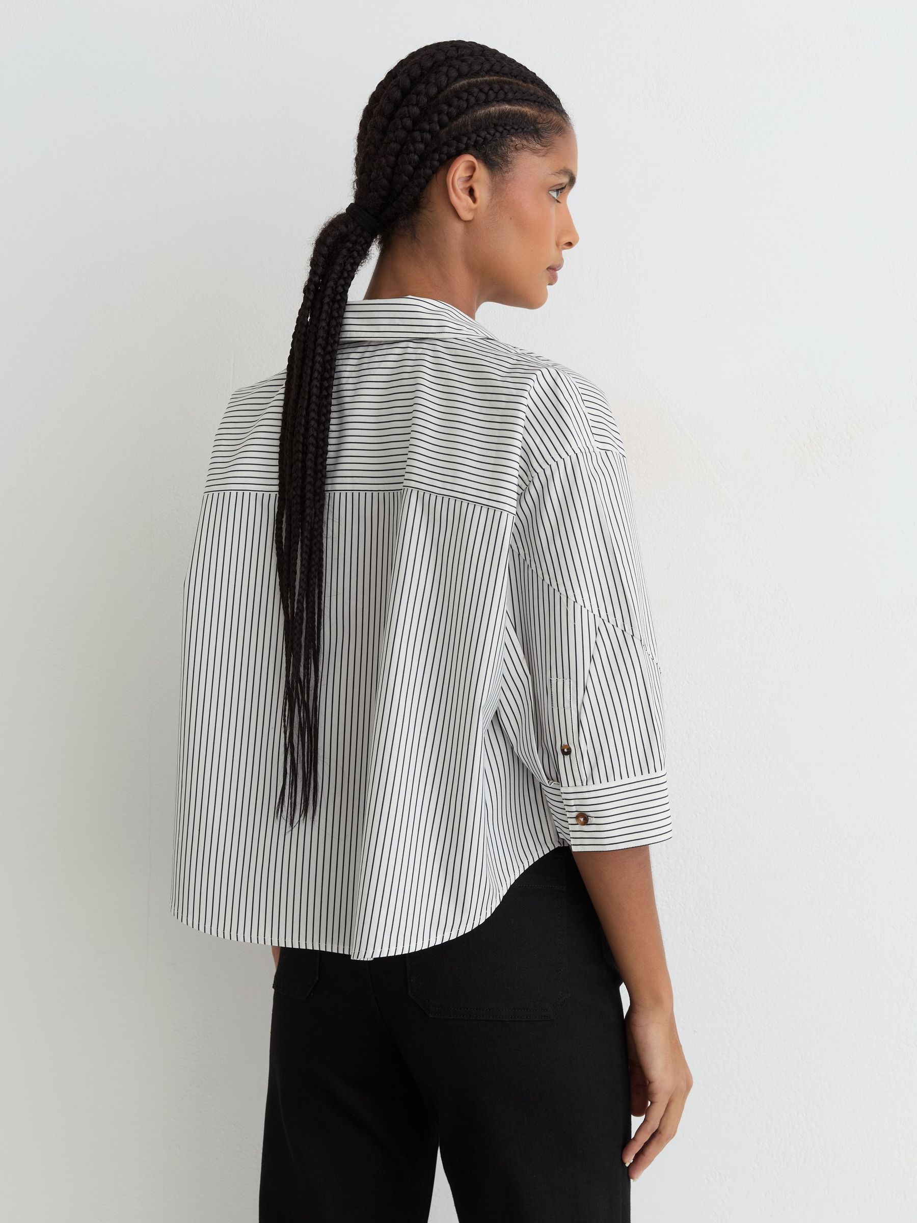 Cotton Striped Cropped Shirt in Ivory/Blue - image 4