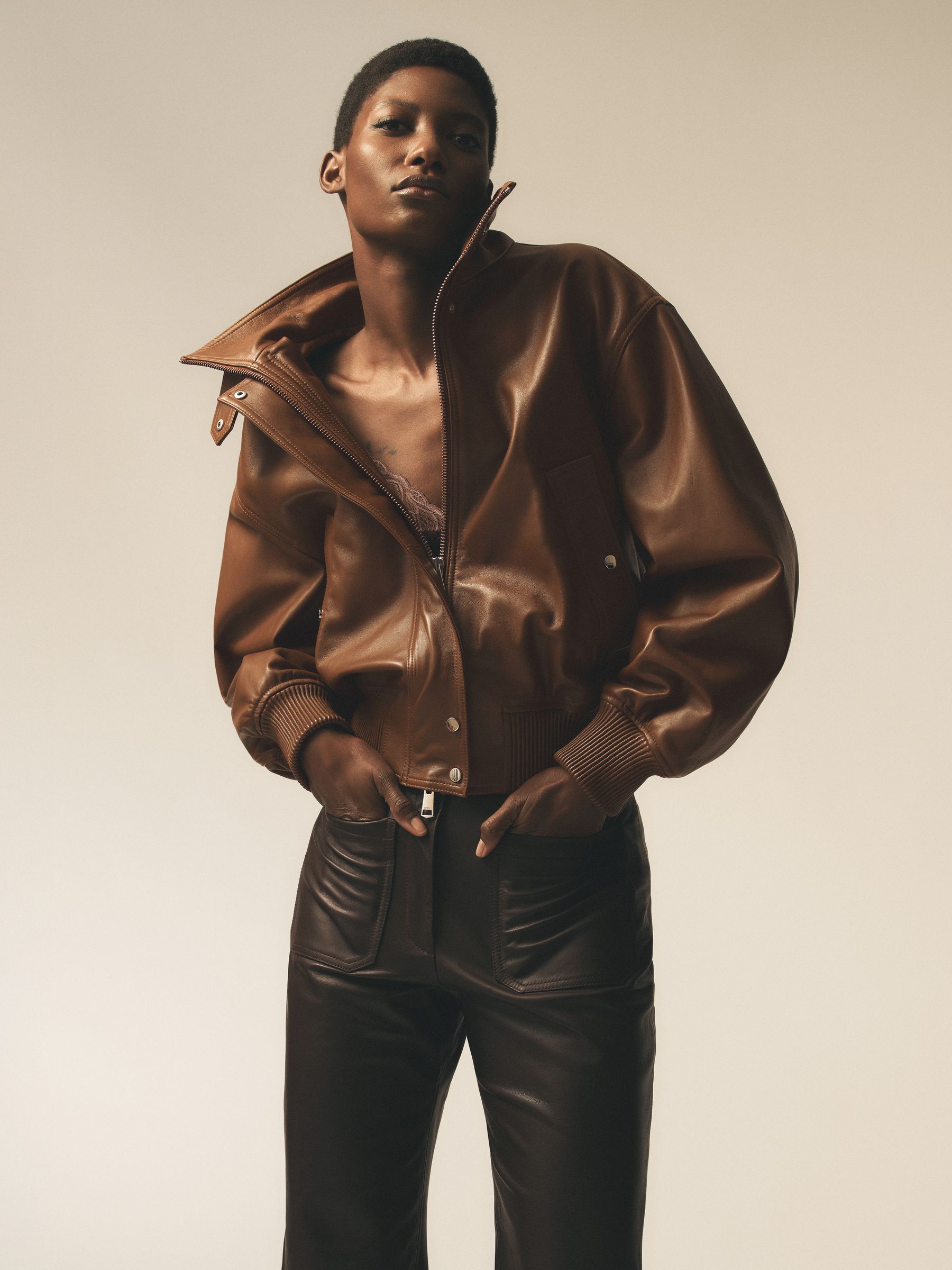 Leather Funnel-Neck Bomber Jacket in Chestnut Brown - image 3
