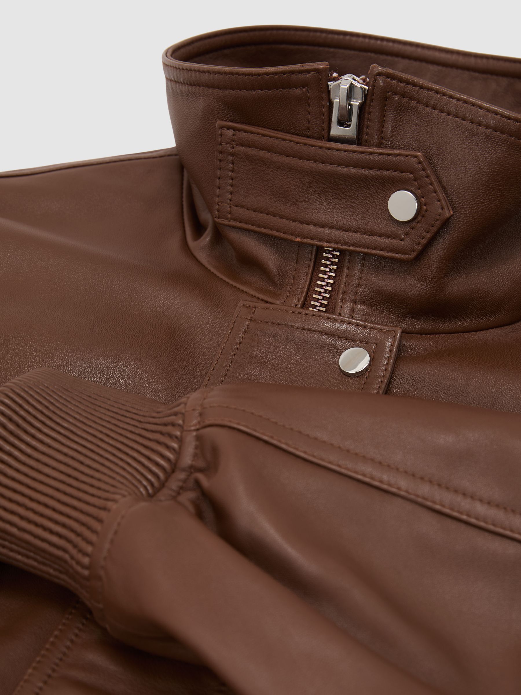 Leather Funnel-Neck Bomber Jacket in Chestnut Brown - image 2