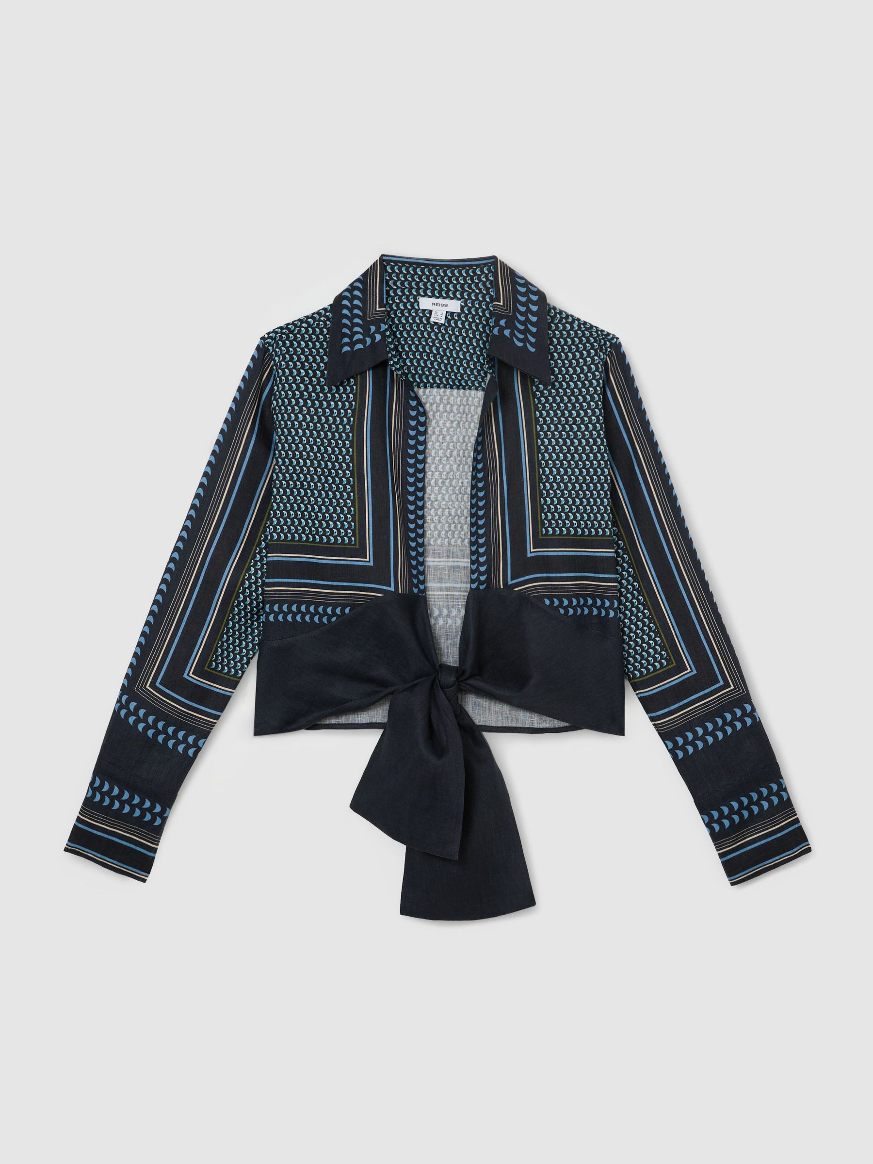 Linen Scarf-Print Tie-Front Shirt in Navy/Ivory - image 1