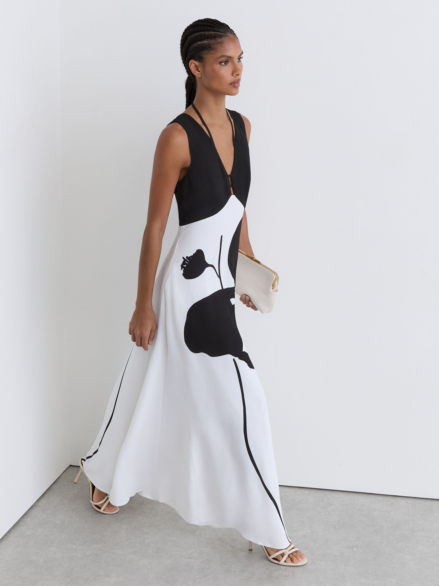 Reiss Graphic Floral-Print Maxi Dress in Ivory/Black - REISS