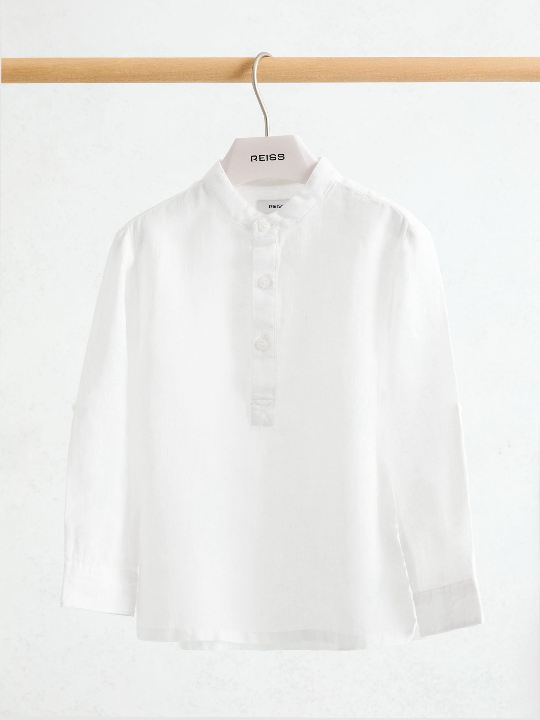 Linen Grandad-Collar Half-Button Shirt in White - Image 2 of 3 Linen Grandad-Collar Half-Button Shirt in White - Image 2 of 3