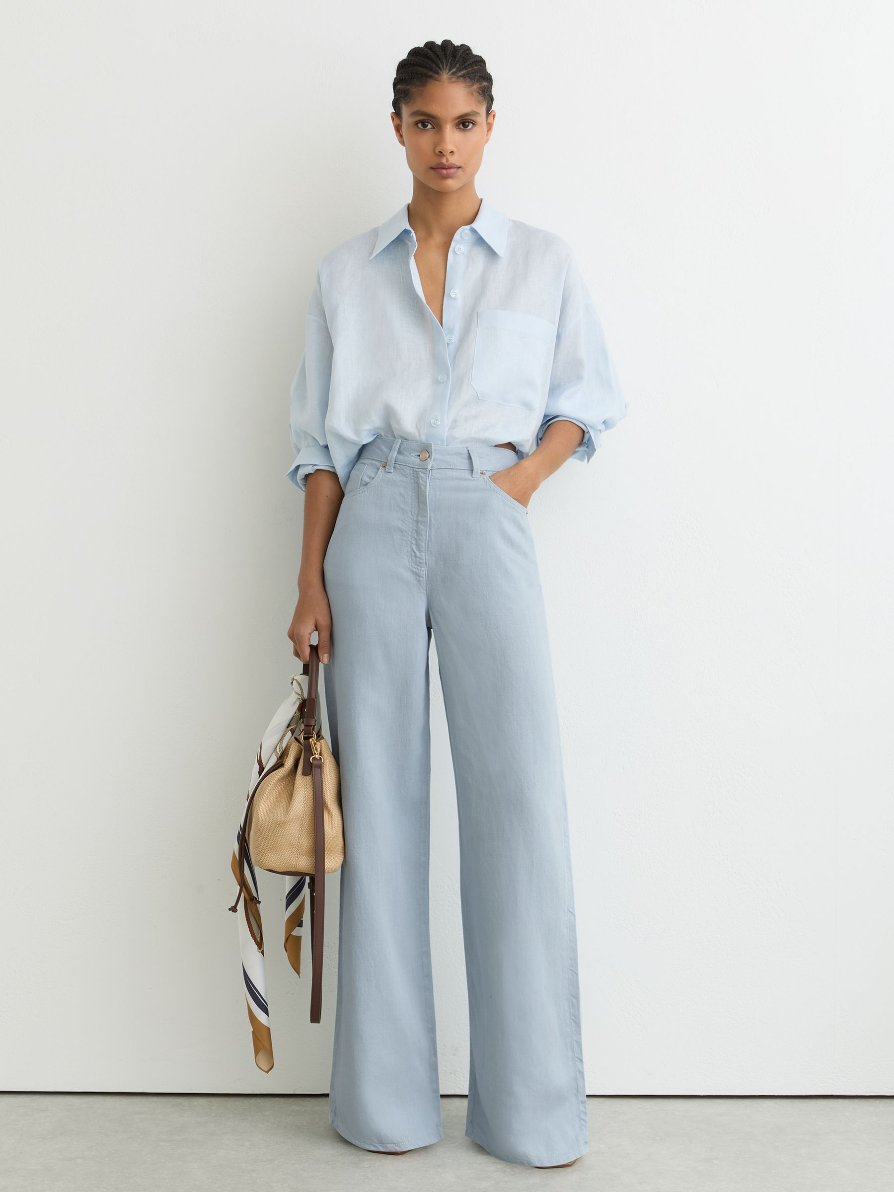 Petite Lyocell-Linen Wide-Leg Trousers in Blue - Image 1 of 6 Petite Lyocell-Linen Wide-Leg Trousers in Blue - Image 1 of 6