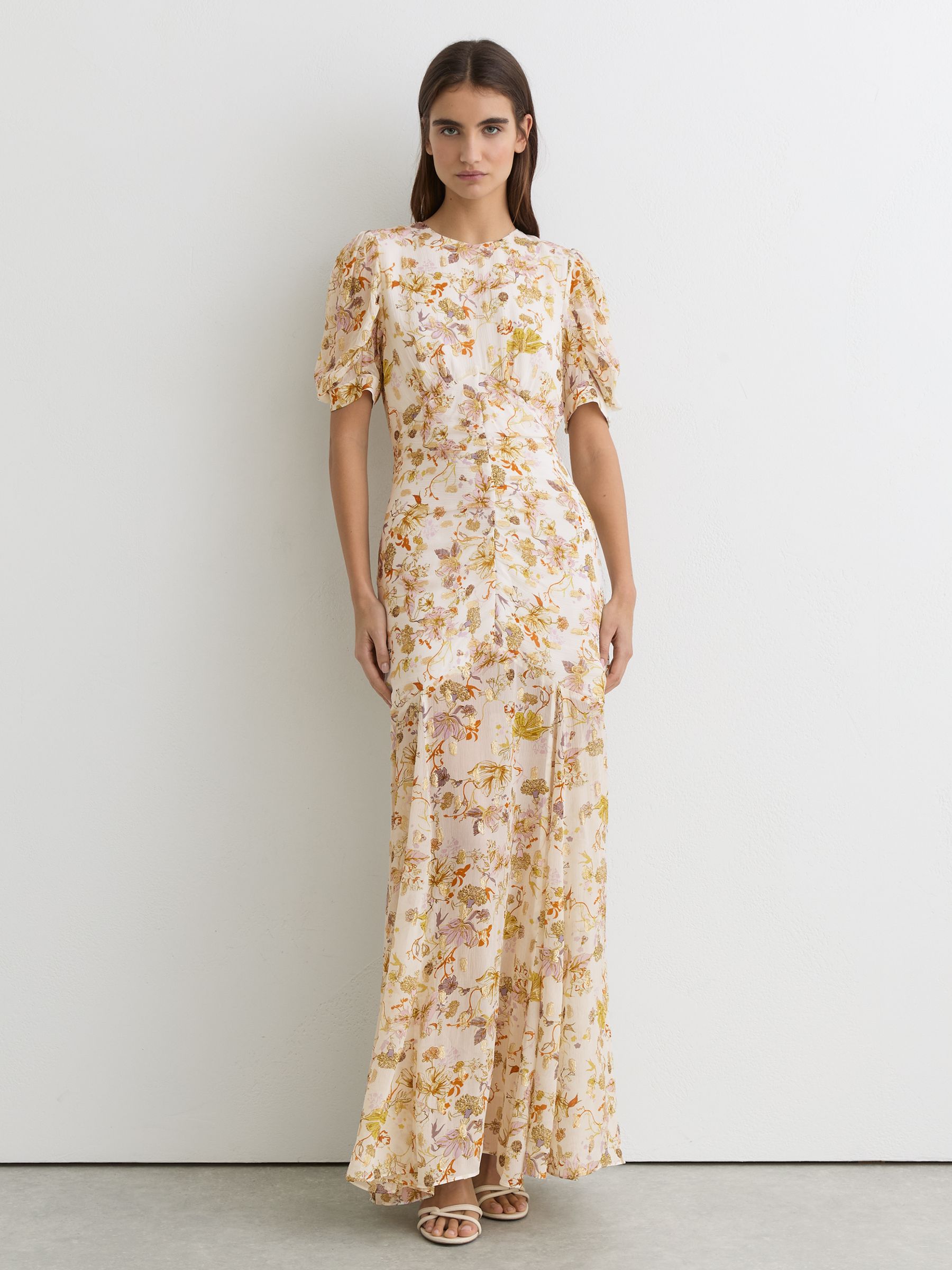 Floral-Print Metallic-Thread Maxi Dress in Ivory - Image 4 of 8