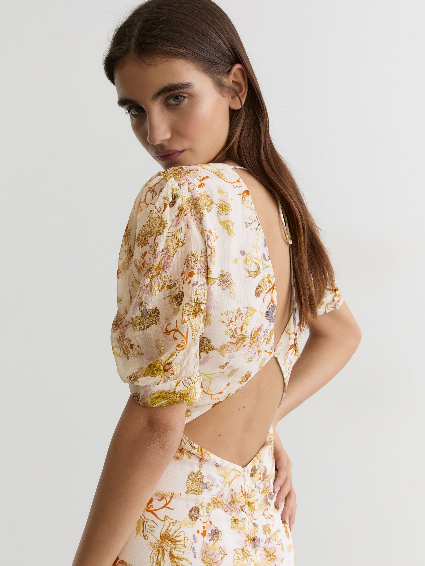 Floral-Print Metallic-Thread Maxi Dress in Ivory - Image 5 of 8