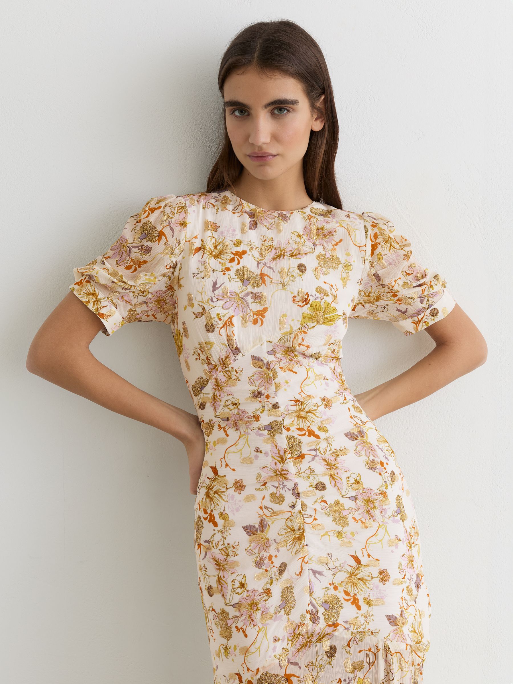 Floral-Print Metallic-Thread Maxi Dress in Ivory - Image 6 of 8